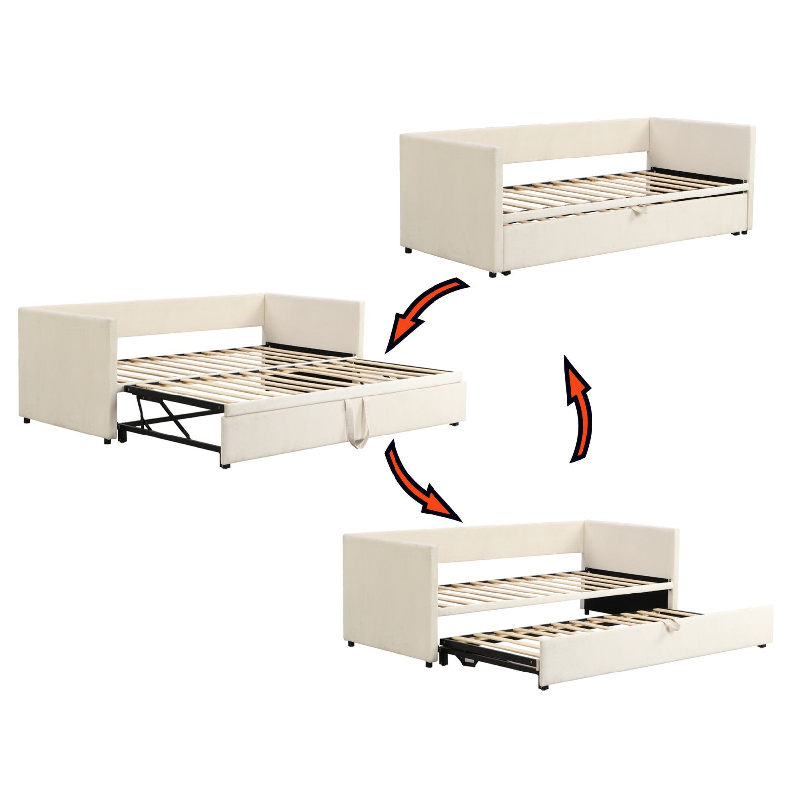 Canapé convertible lit 90/180x200 cm, avec lit gigogne, sommier à lattes, structure métallique, revêtement en velours, lit double - Beige - 4