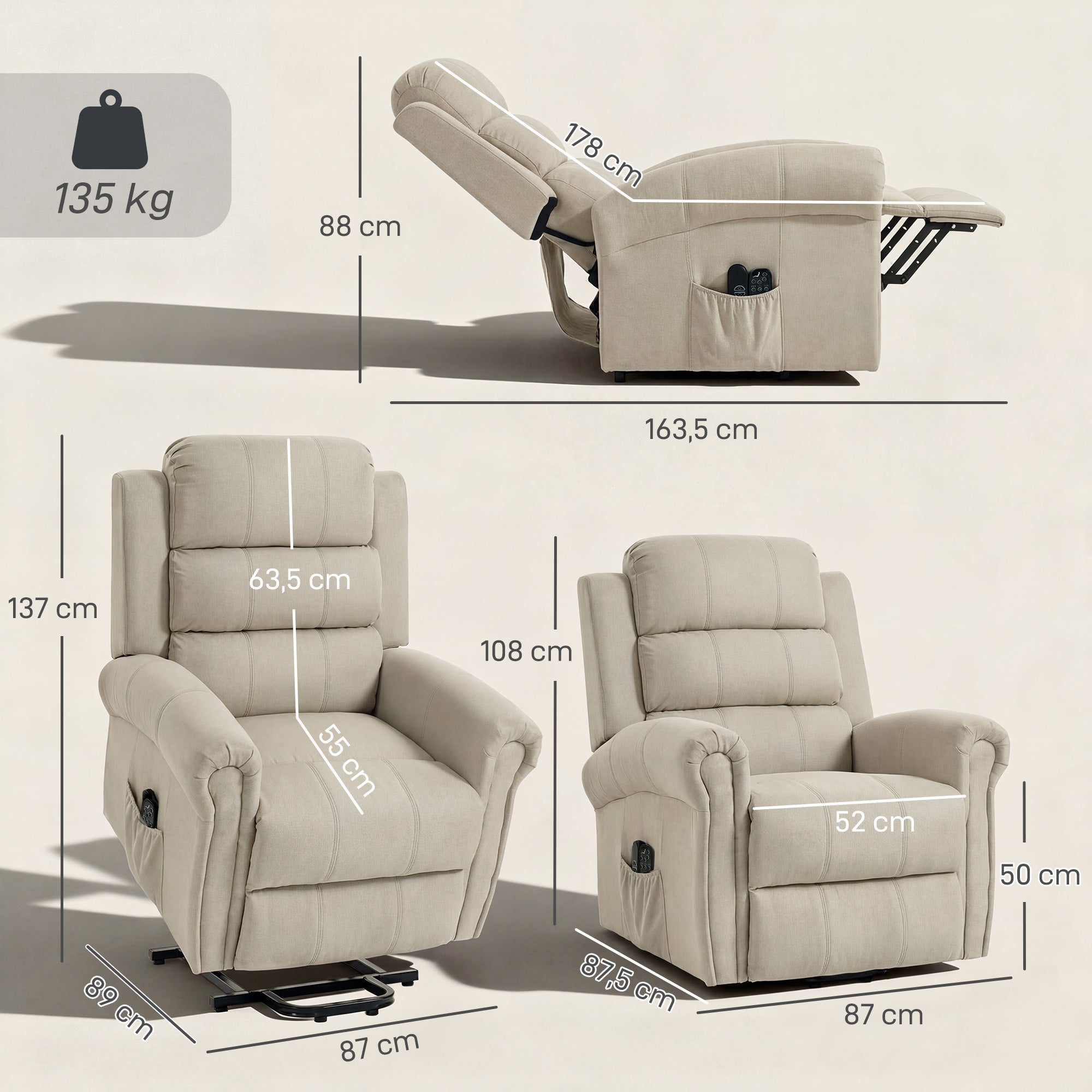 Fauteuil releveur électrique - HOMCOM - massage et chauffage, dossier inclinable, ports USB - tissu en lin - 87x87,5x108cm - beige - 3