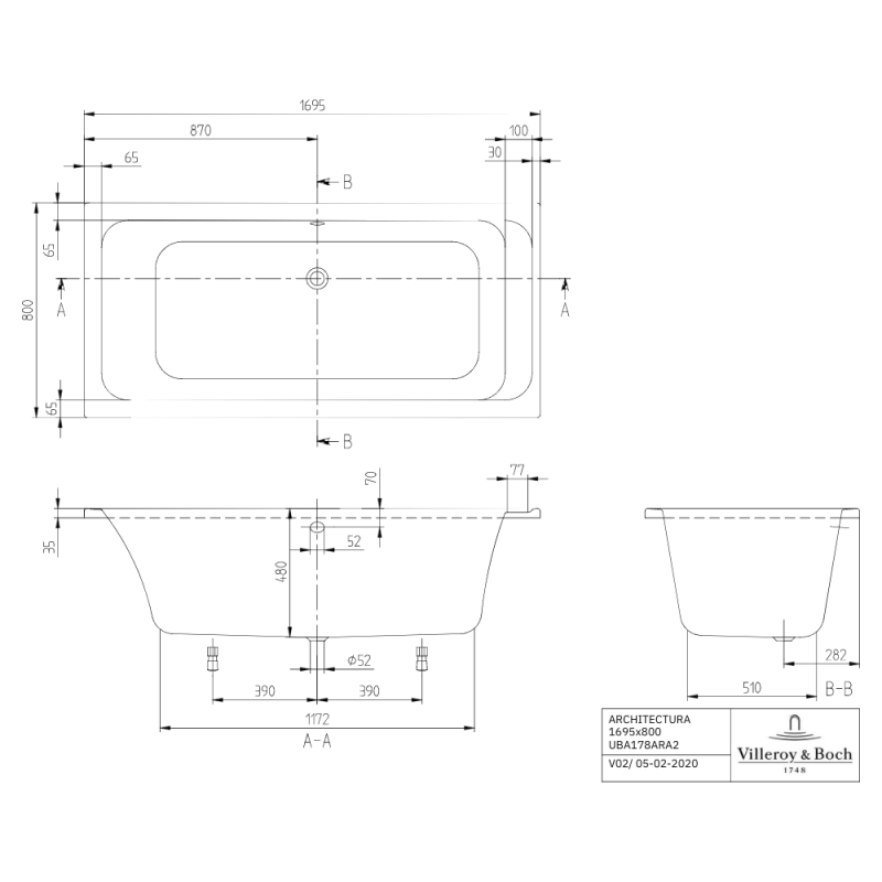 Baignoire droite 170 X 80 VILLEROY ET BOCH Architectura acrylique - 2