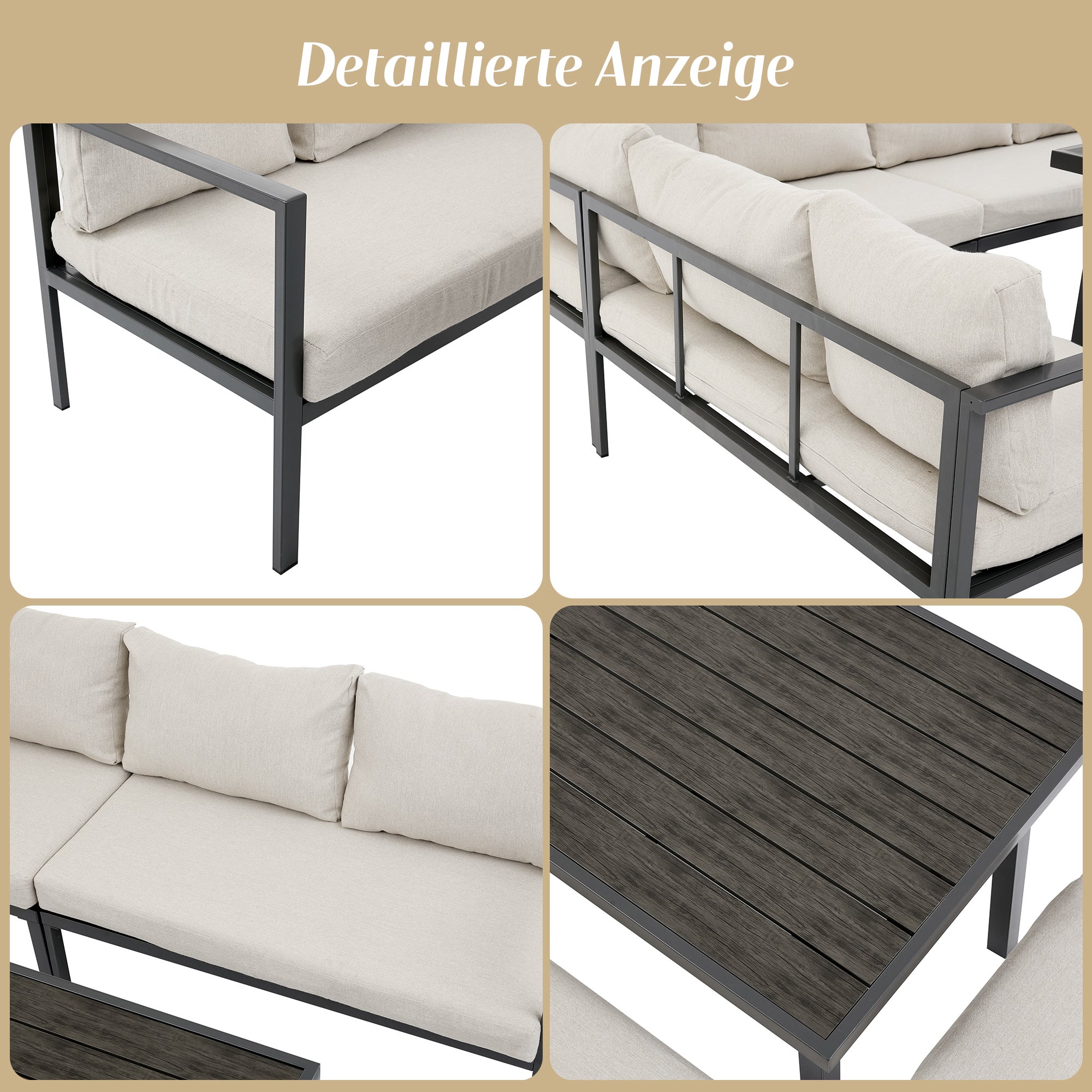 Conjunto de jardín de 9 plazas en acero galvanizado: mesa de comedor efecto madera + sofá esquinero de 5 plazas + banco + taburete - Gris - 7