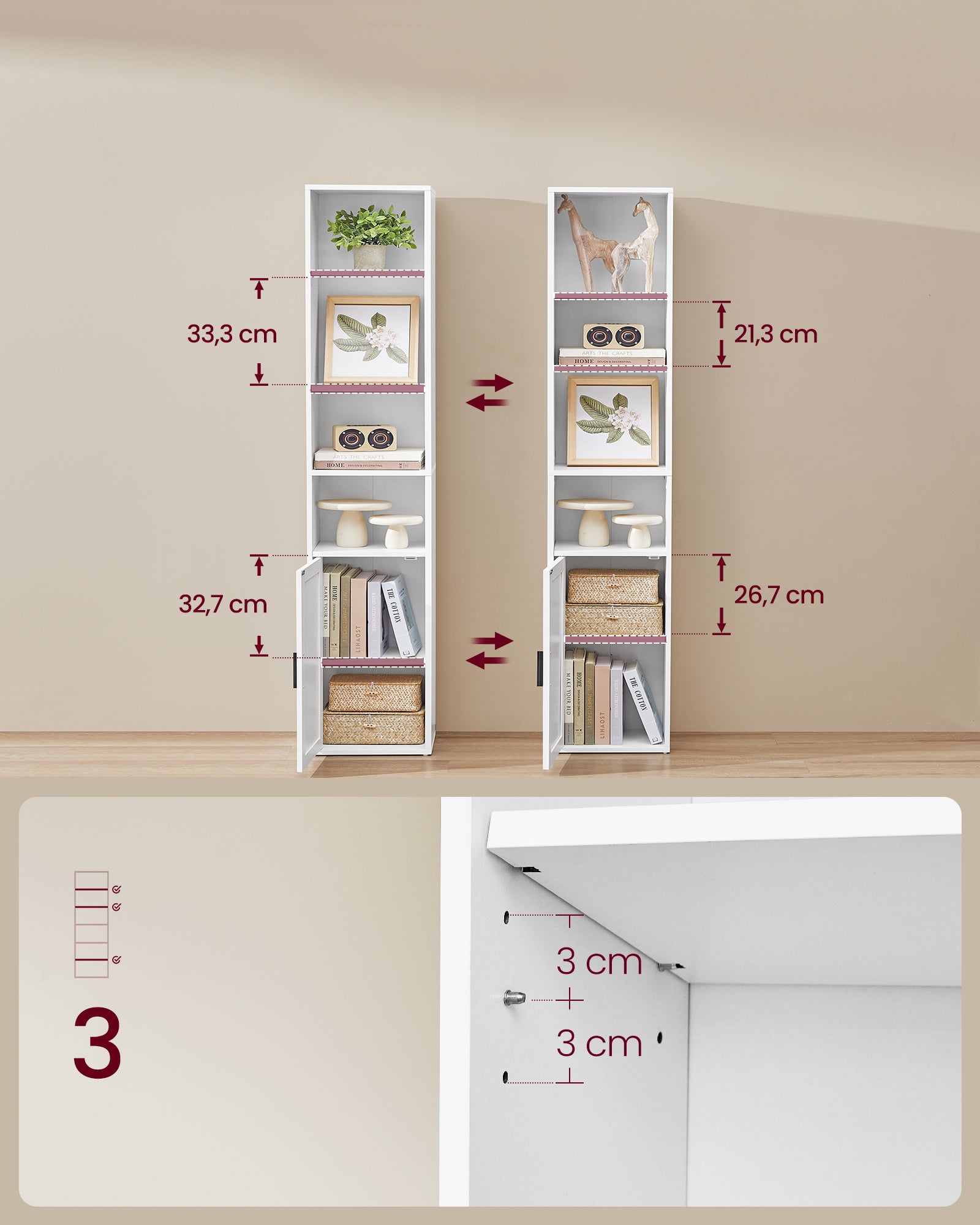 Bibliothèque, Étagère Haute sur 6 Niveaux, avec Porte, Meuble de Rangement Ouvert, 24 x 31,8 x 175 cm, pour Salon, Bureau, Salle à Manger, Blanc Nuage - 4