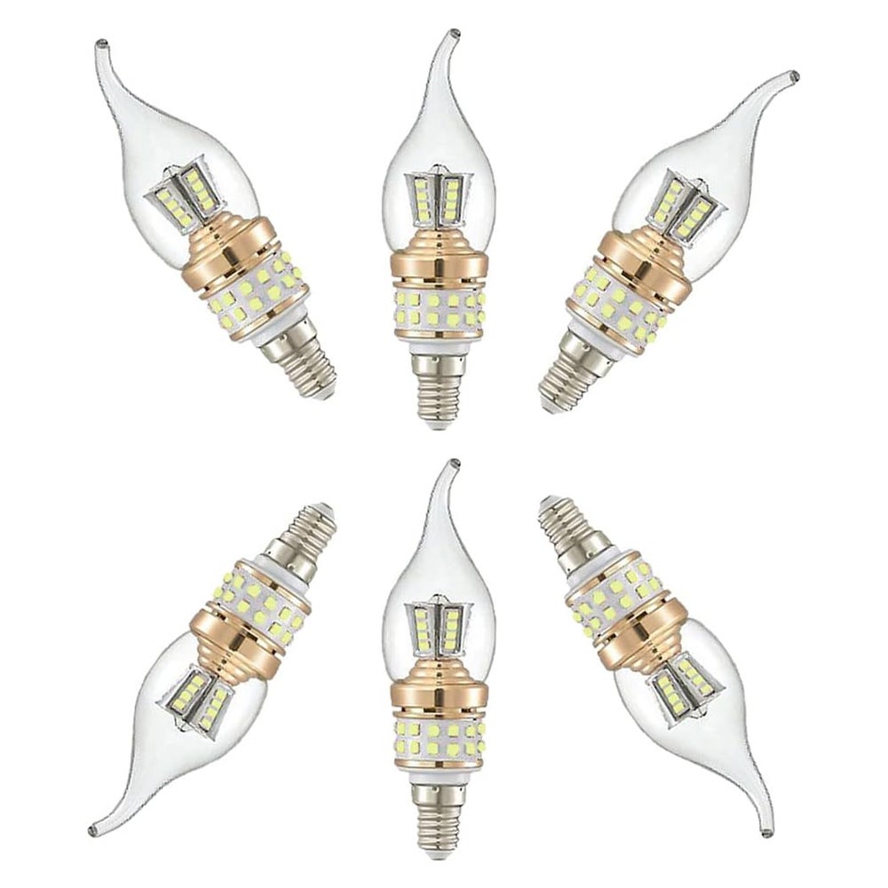 6 sztuk E14 8W LED małe żarówki z gwintem, białe światło 6000K, nieregulowane, luksusowe nowoczesne żarówki do żyrandoli, kształt płomienia AC 240V