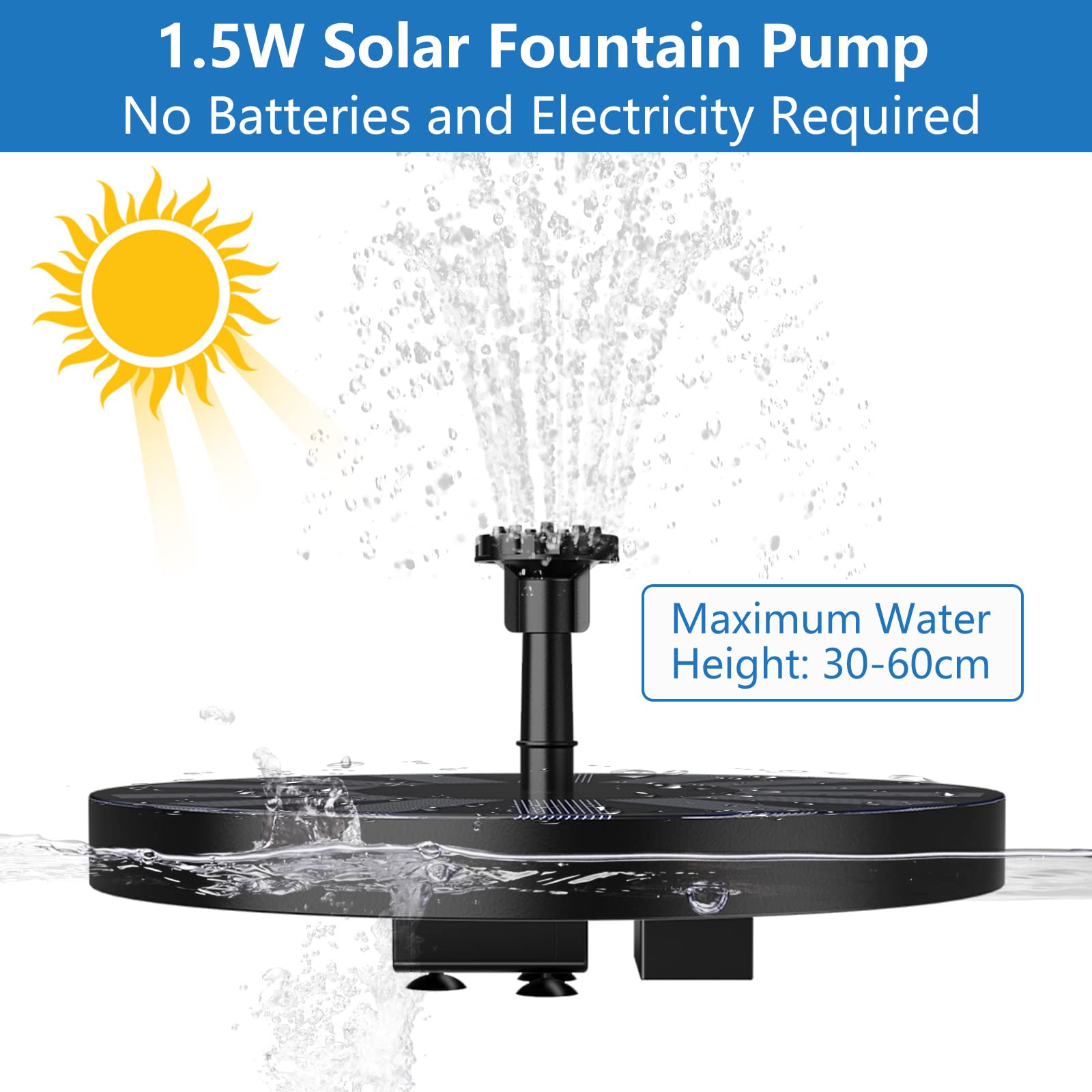 Fontaine Solaire Extérieur Flottante Pompe Bassin Solaire avec 6 Buses pour Bain d'oiseau, Étang, Piscine, Patio, Décoration de Jardin - 4