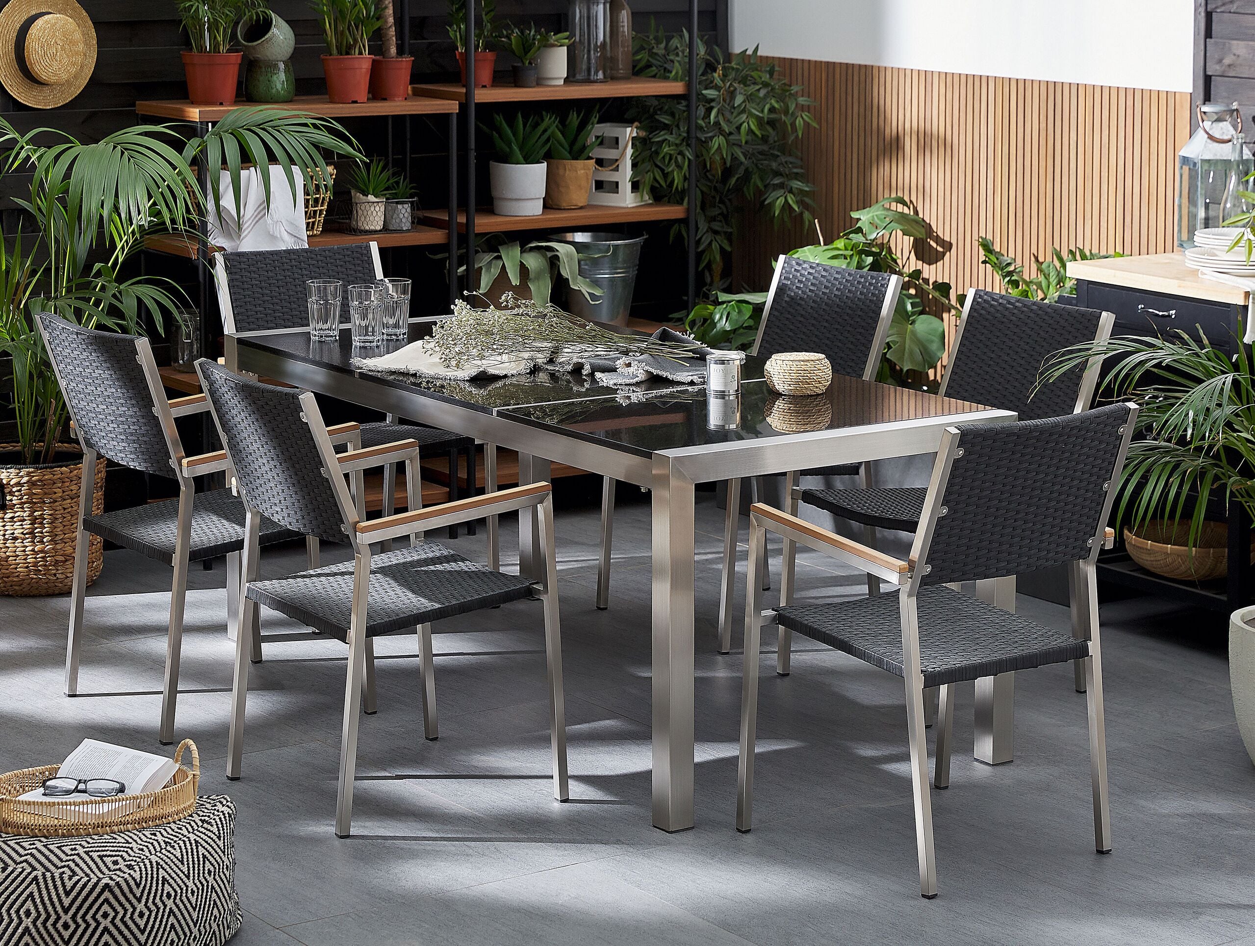 Set dining pentru grădină cu 6 locuri GROSSETO Negru Granit blat triplu stratificat lustruit