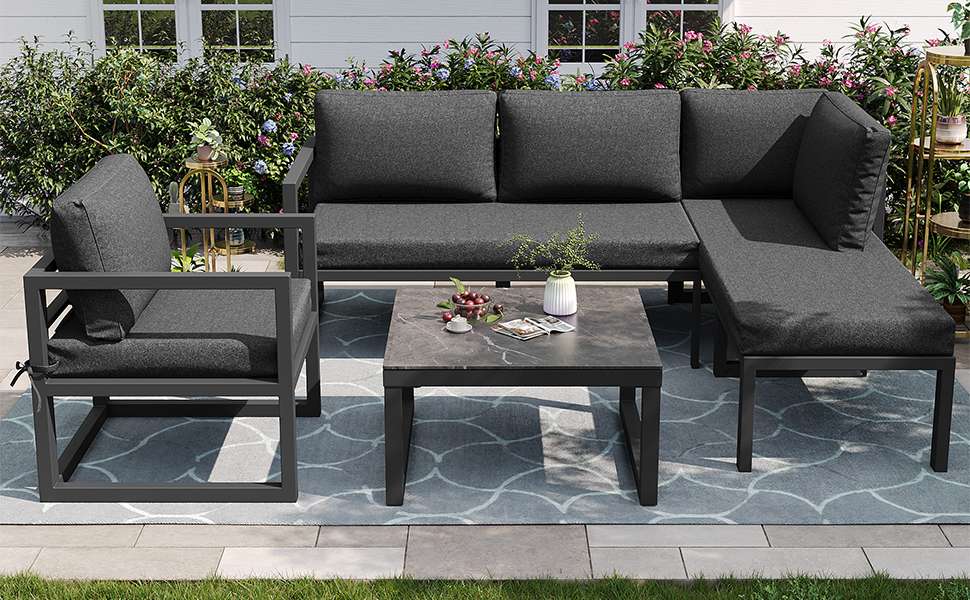 Ensemble de meubles de jardin avec structure en fer galvanisé, canapé d'angle, table en verre trempé et coussins gris - 5