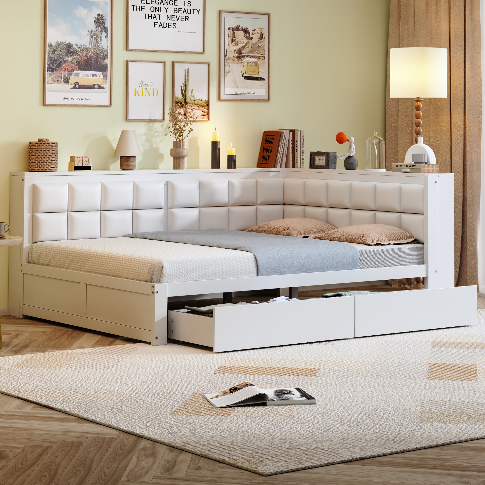 Łóżko podwójne drewniane 140 x 200 cm z 2 szufladami i miękkim oparciem, sofa rozkładana - Sosna + sklejka + MDF - Białe (bez materaca)