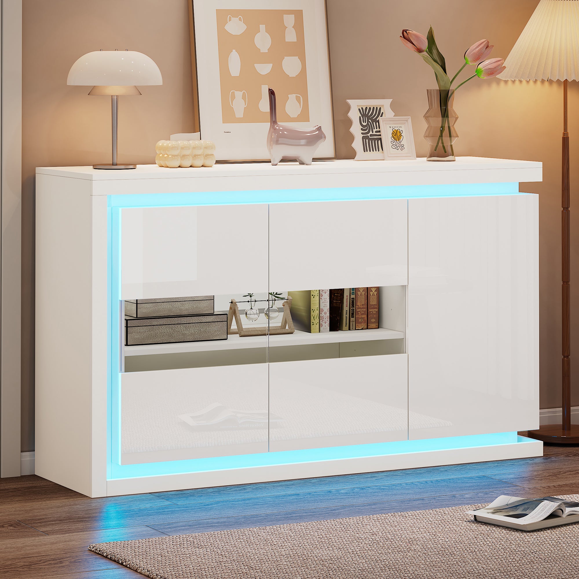 Komoda z 3 drzwiami - 140 x 40 x 84 cm - Diody LED - Płyta wiórowa i szkło - Biały połysk