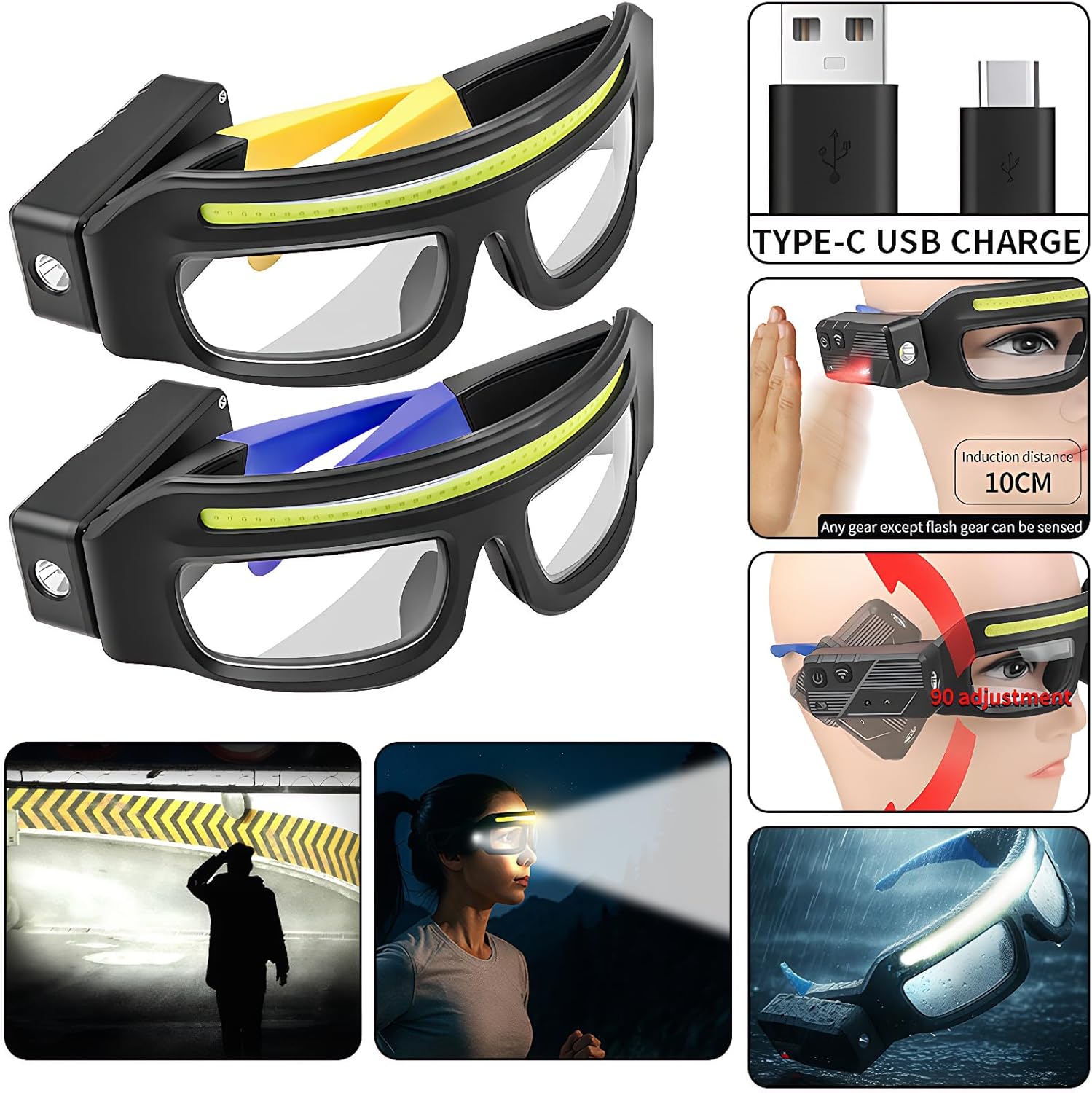Lot de 3 Lunettes lumineuses LED rechargeables – capteur de mouvement, tactile, mains libres. - 2