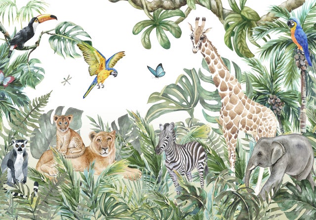 Papier Peint Enfant Jungle Animaux Foret Intissé Panoramique 350x250 cm - Colle Inclus - Chambre Enfant - Moderne Trompe l'oeil
