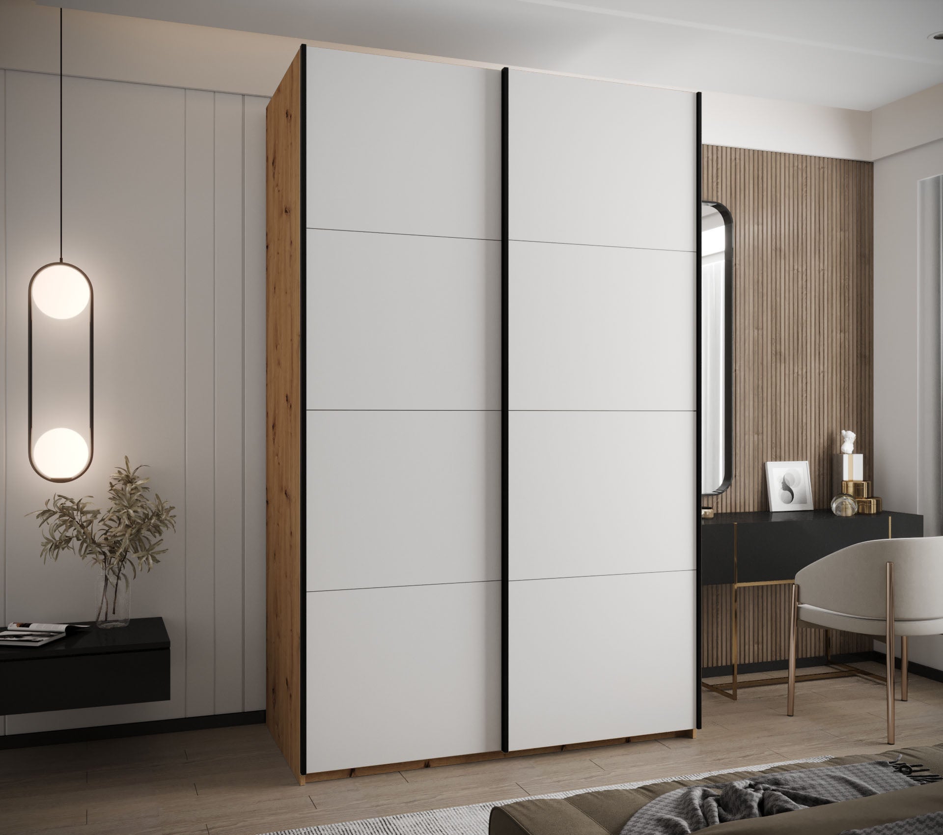 Szafa przesuwna wysoka Lux 1 150 x 64 x 245,5 cm artisan + biały + u. czarny - Abiks Meble - 2