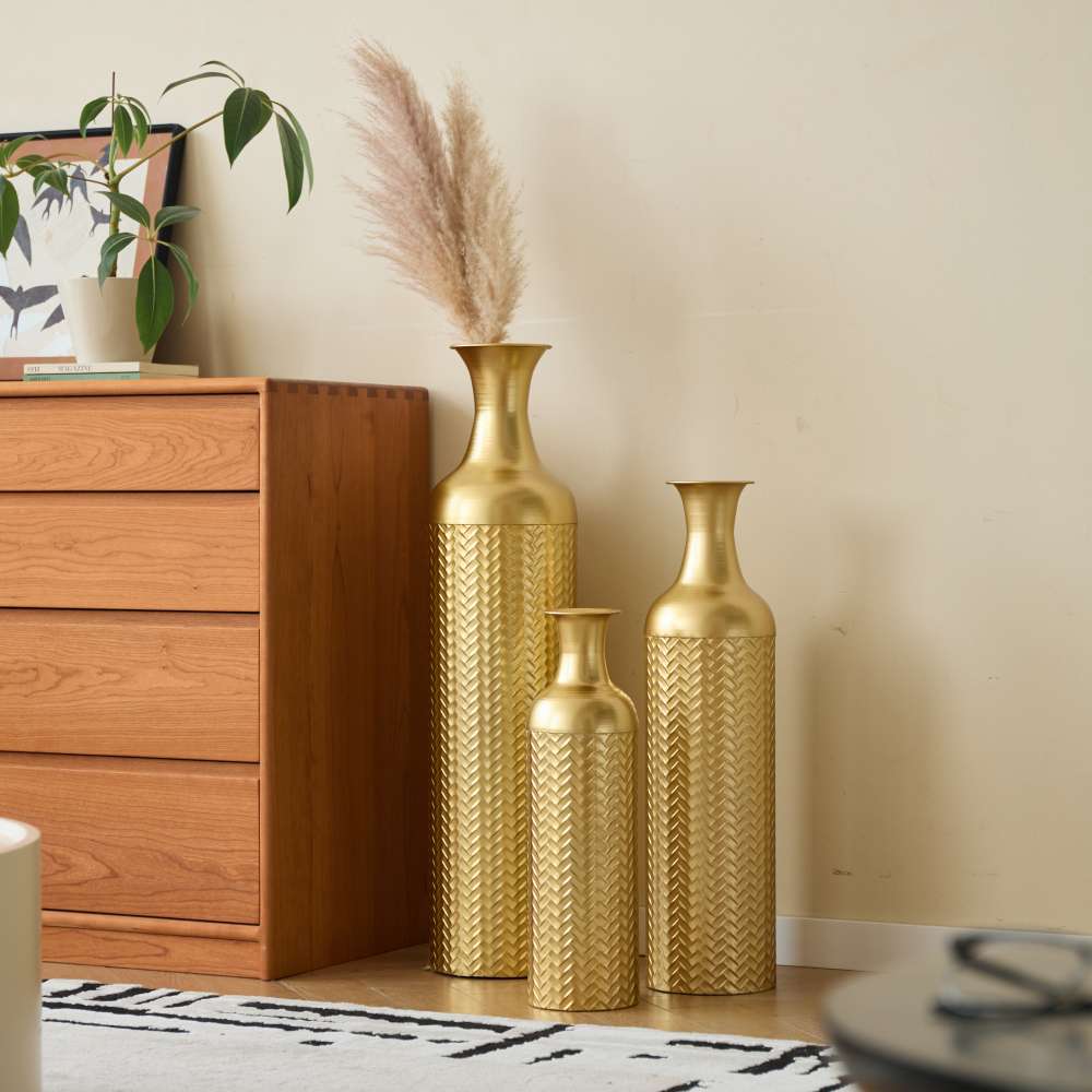 Grand vase métallique sur pied 83/65/50 cm – Set de 3 vases empilables pour fleurs sèches et pampas, décoration élégante salon et chambre - 5