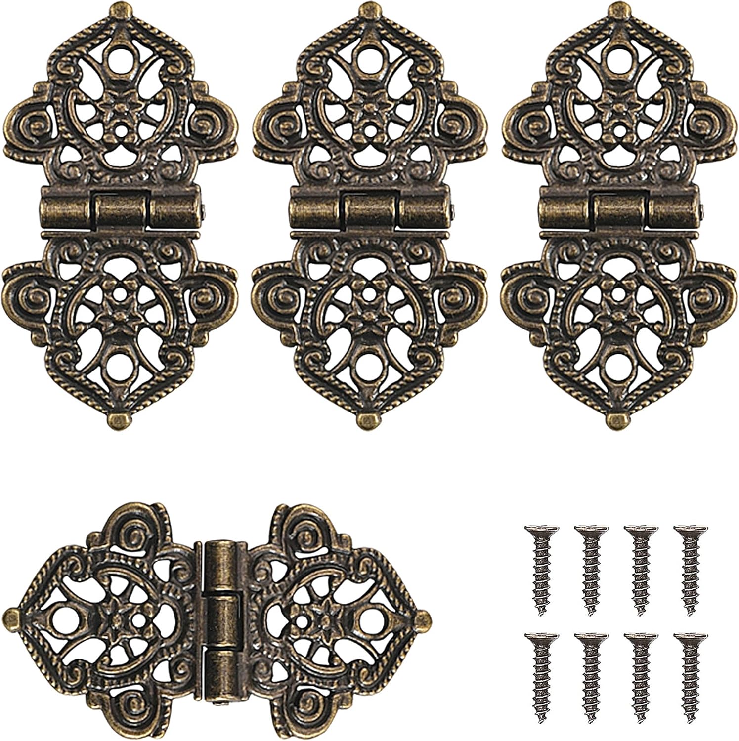 4 szt. drewnianych zawiasów do skrzyń, małe zawiasy, ozdobne zawiasy z 28 śrubami do ozdabiania drewnianych szafek i drzwi, 2 x 1,6 cm