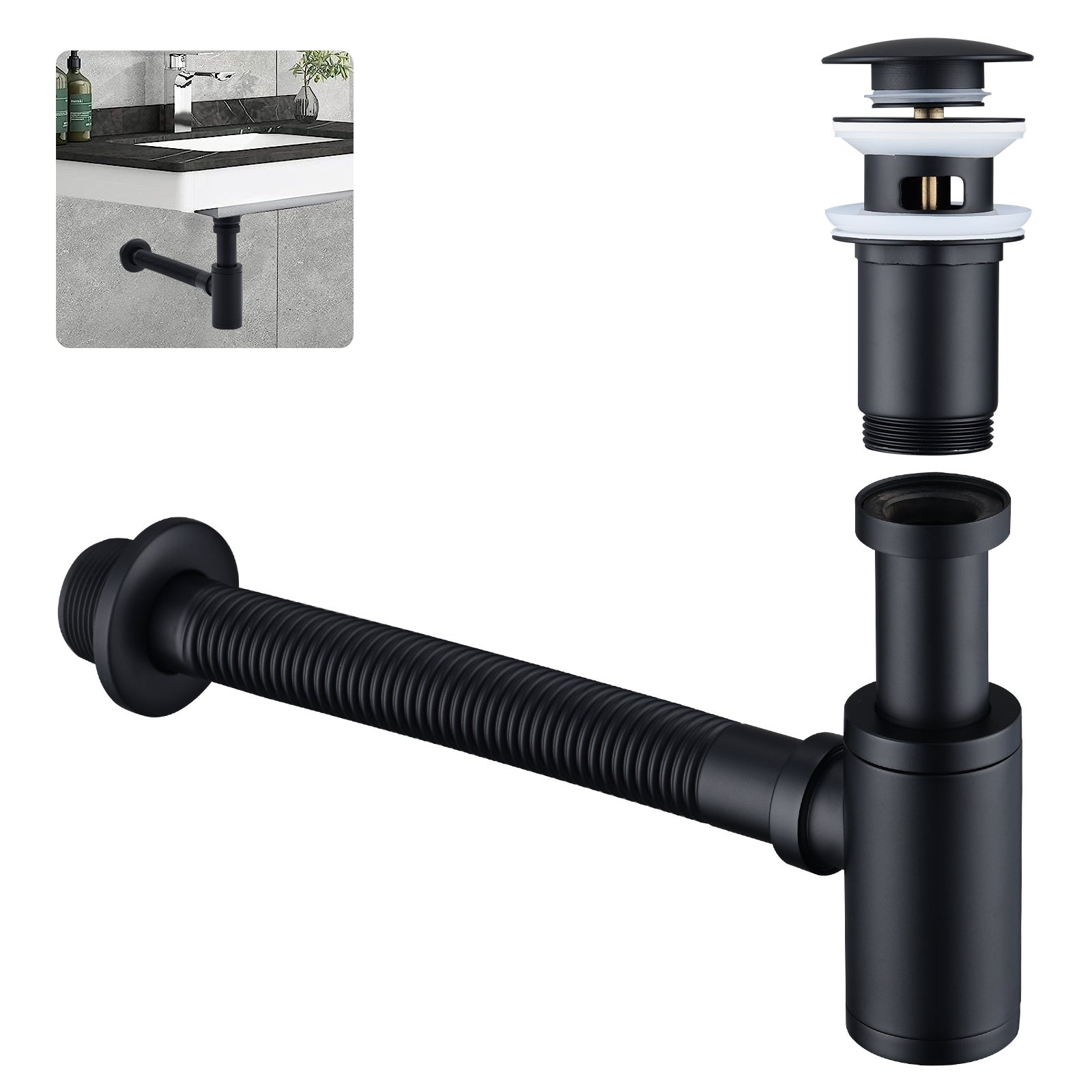 Siphon de Lavabo avec Bonde Siphon Universel et Bonde d'écoulement Salle de Bain pour Lavabo Noir Mat 1/4 x 30 mm Siphon Pop-up - 6
