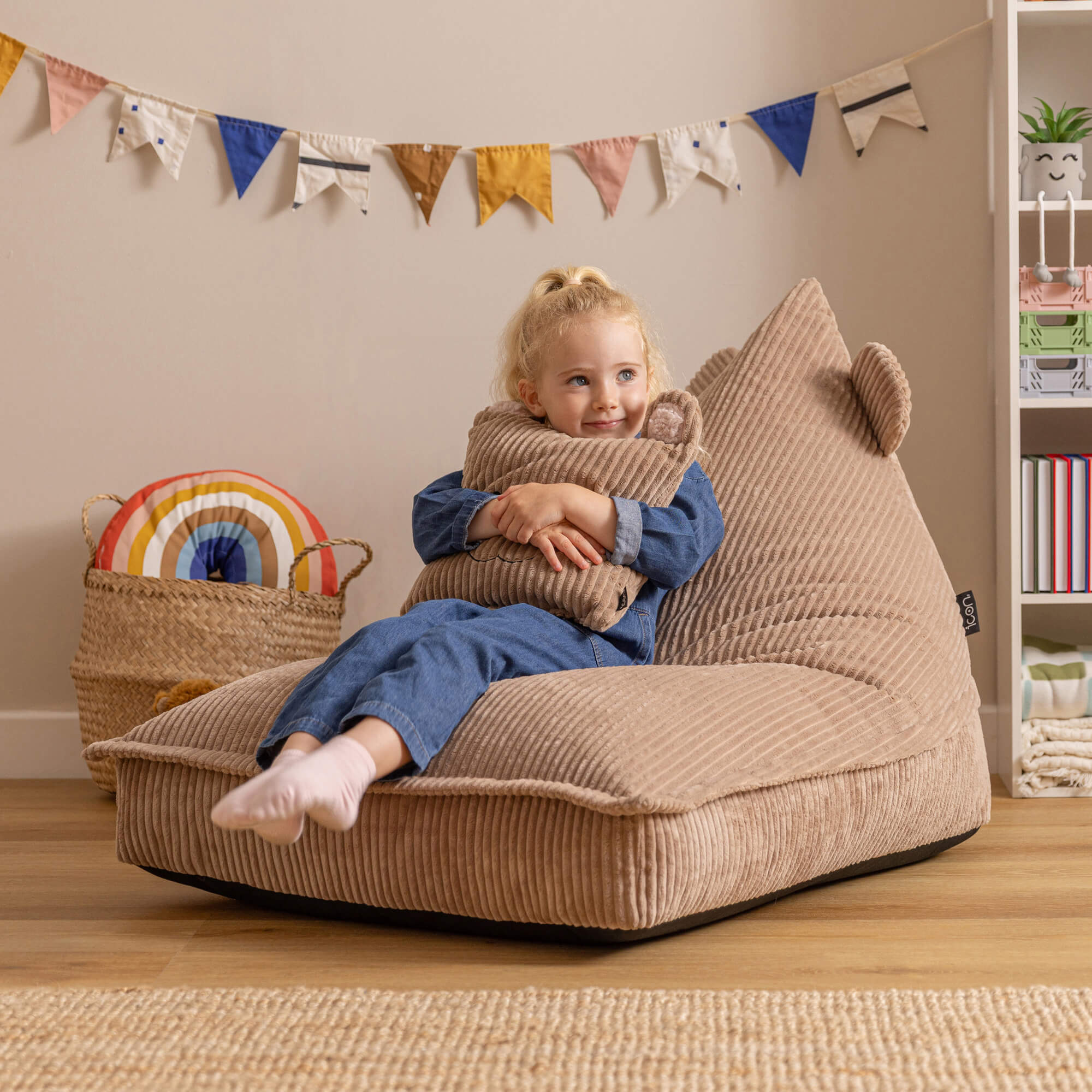 Pouf enfant Icon chauffeuse animal avec coussin, velours côtelé Oeko-Tex®, ours brun, chambre, salon, 102x72cm - 3