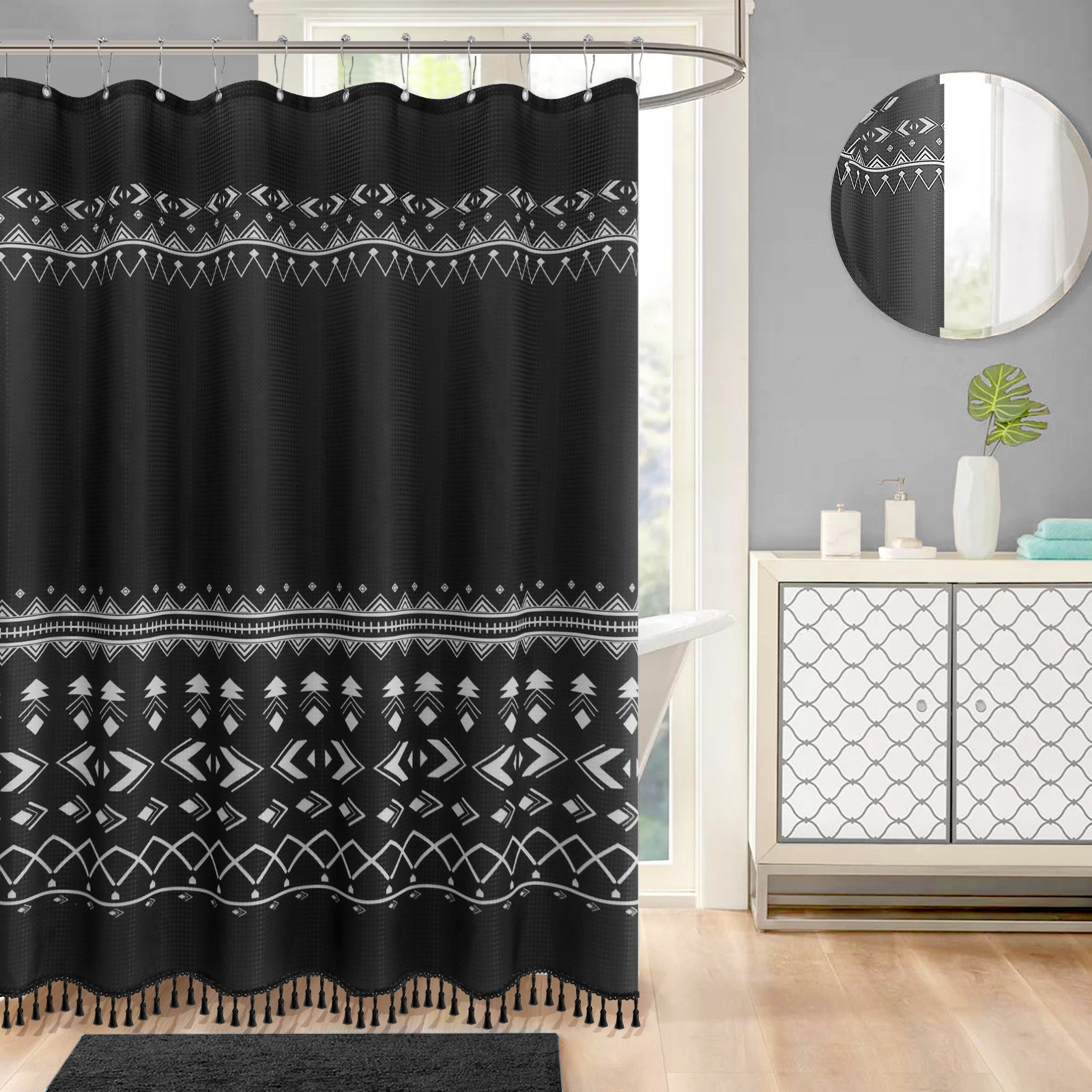 Zasłona prysznicowa 180 x 180 cm Zasłona prysznicowa w stylu boho w kolorze czarnym Wodoodporna, drukowana zasłona prysznicowa z poliestru