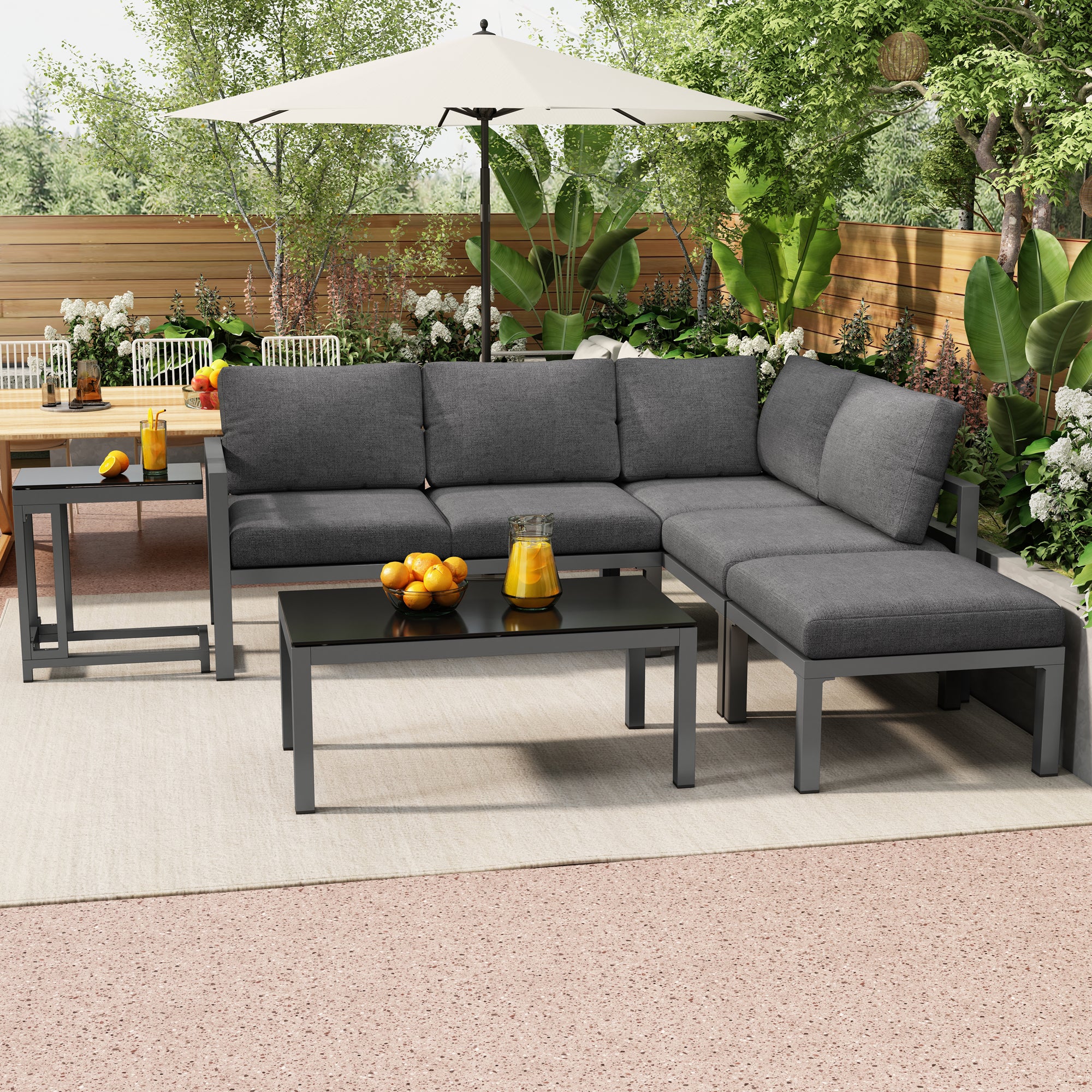 Salón de jardín en aluminio - 2 sofás, 1 taburete y 2 mesas bajas - con todos los cojines - Gris - 2