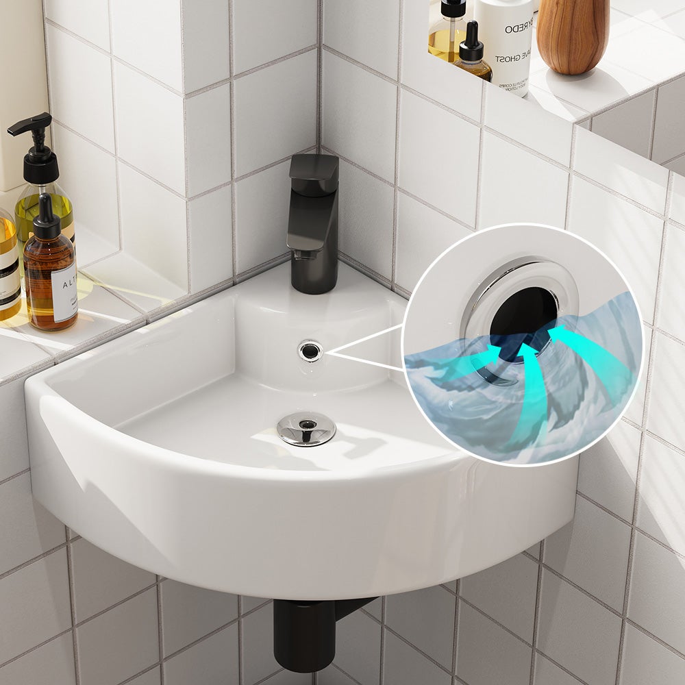 Petit lavabo suspendu en céramique, montage mural avec trou pour robinet, Petit lavabo d'angle à bord fin, 46 x 32.5 cm HOROW - 3
