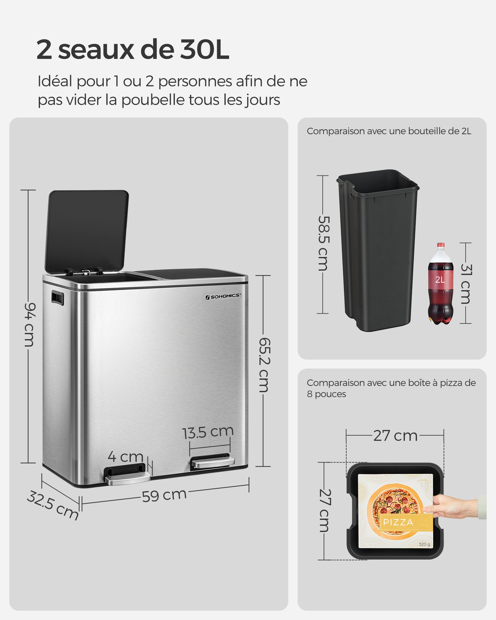 Poubelle à Double Compartiment 2 x 30L, avec 15 Sacs Poubelles, Pédales en Métal - 6