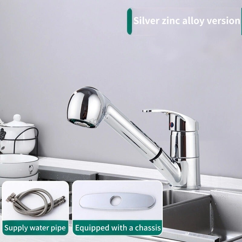 Kran minimalistyczny z mosiądzu srebrny do łazienki i kuchni | Obrót 360° rozszerzalny | Umywalka, zlewnica