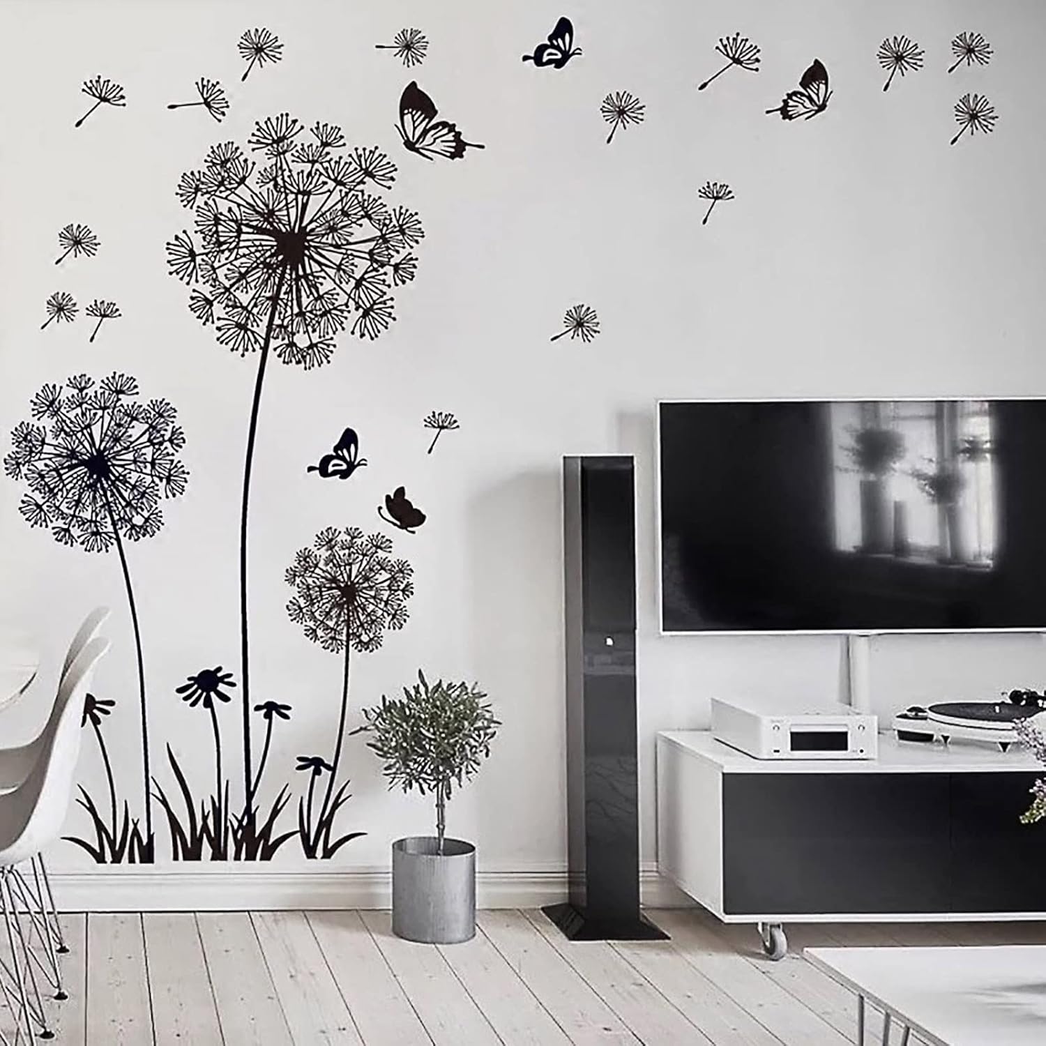 Naklejki ścienne XL z kwiatem mniszka lekarskiego, czarne (30 x 90 cm) | Motyl, Rośliny, Gałąź, Drzewo | Naklejka ścienna do salonu, sypialni, kuchni