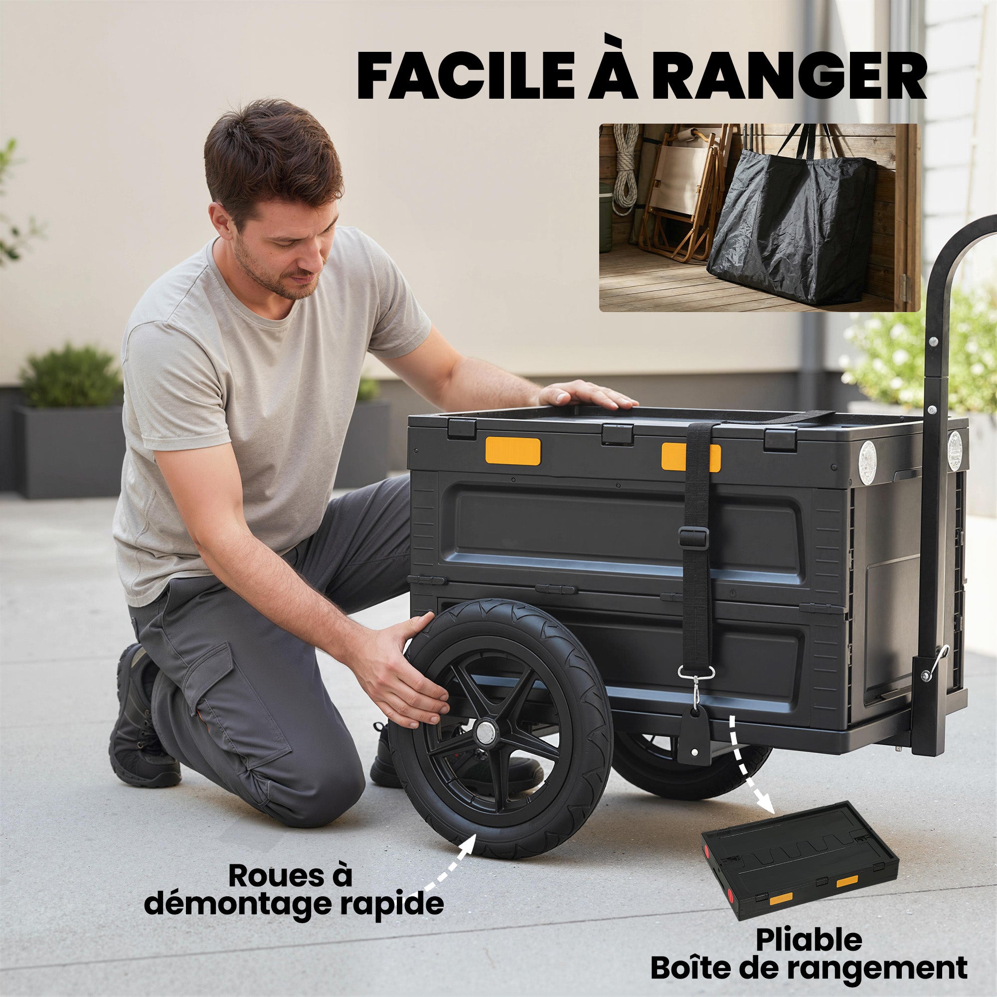 Remorque vélo cargo - chariot de transport - SPORTNOW - pliable caisse plastique 65L et couvercle - acier - 145x51,5x72cm - noir - 6