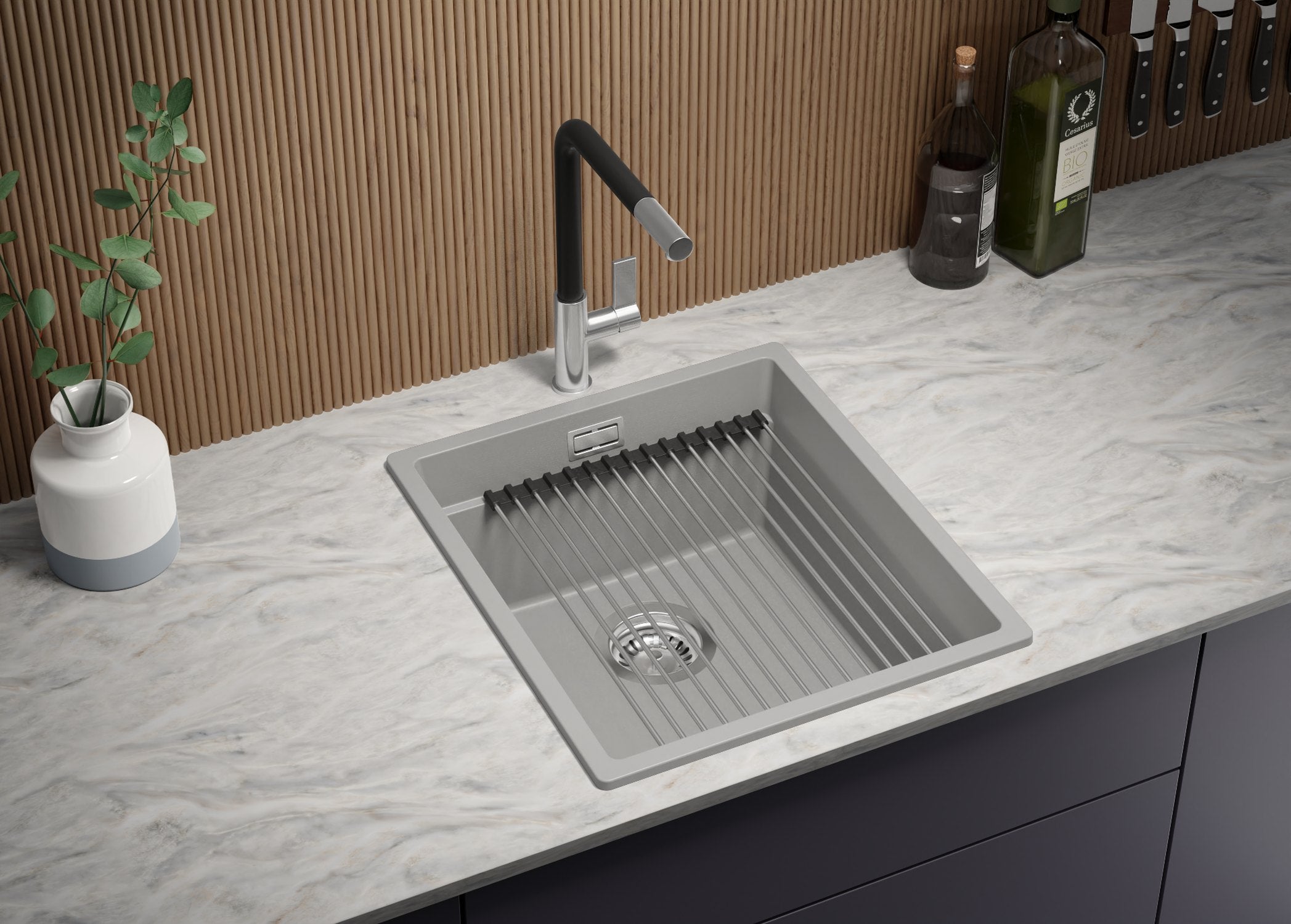 Evier Cuisine en Granit Gris 41x47cm, Lavabo 1 bac + Kit de Vidage + Égouttoir Enroulable, Évier à Encastrer au meuble 45cm - Prague Slim PRIMAGRAN - 2
