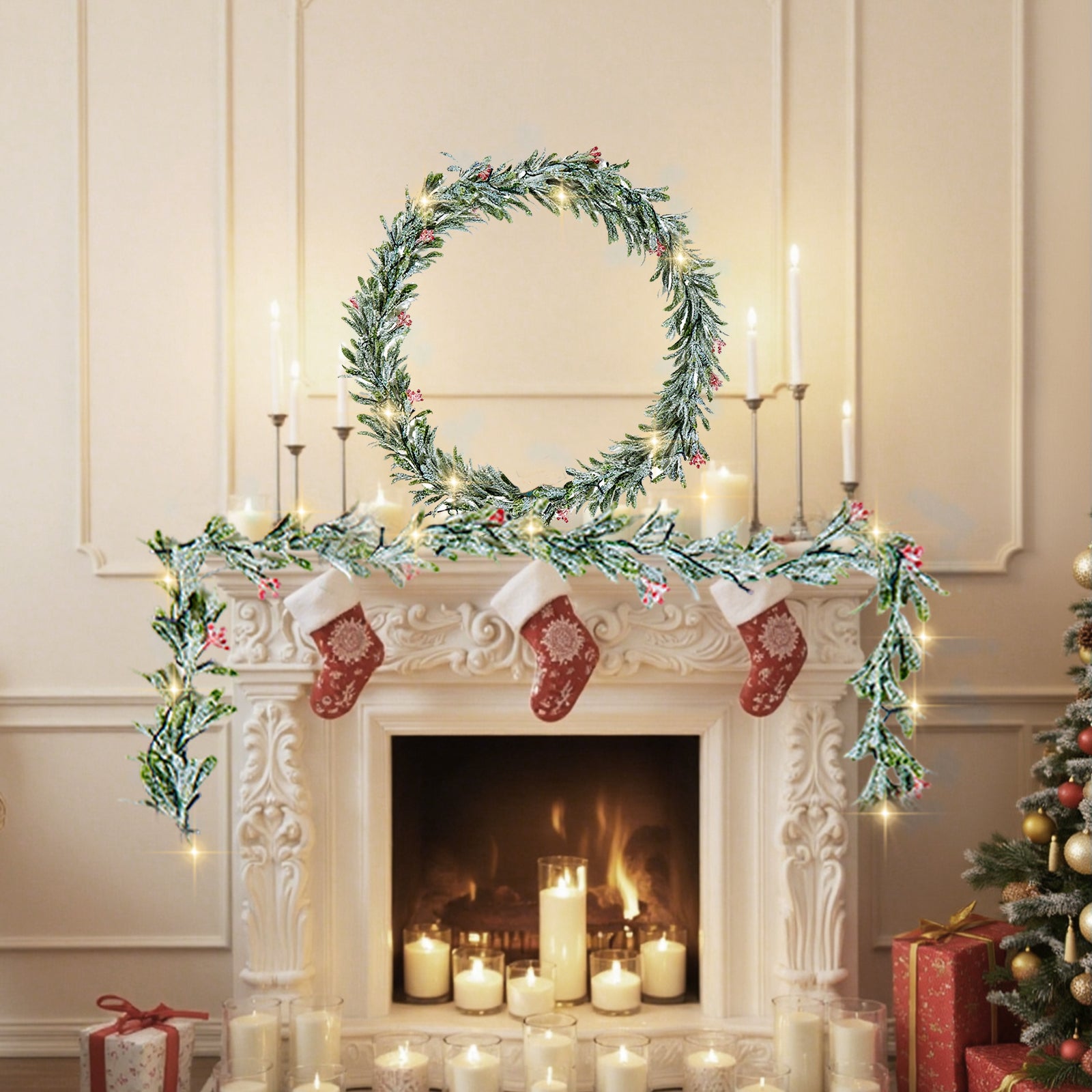 Grinalda de Natal,VEVOR 2 m,grinalda de folhas de oliveira artificiais com luzes,para lareiras,penduradas,de pé,grinaldas - 8