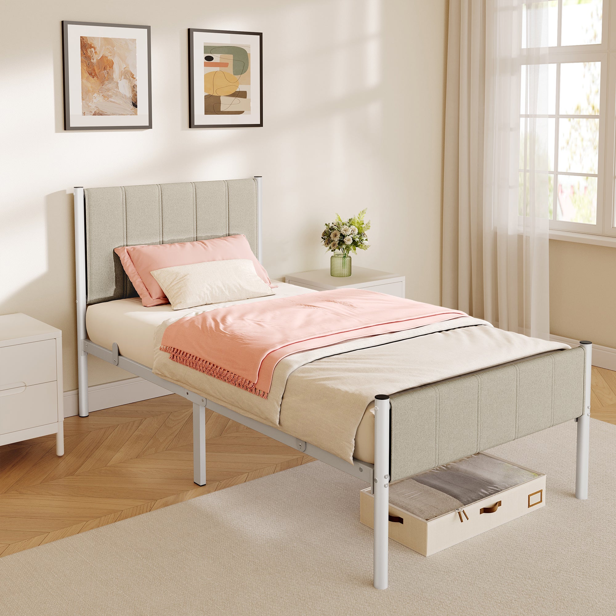 Lit Simple avec Structure en Acier, 90 x 190 cm, Chambre, Tête de Lit Capitonnée, Montage Rapide, Beige - 3