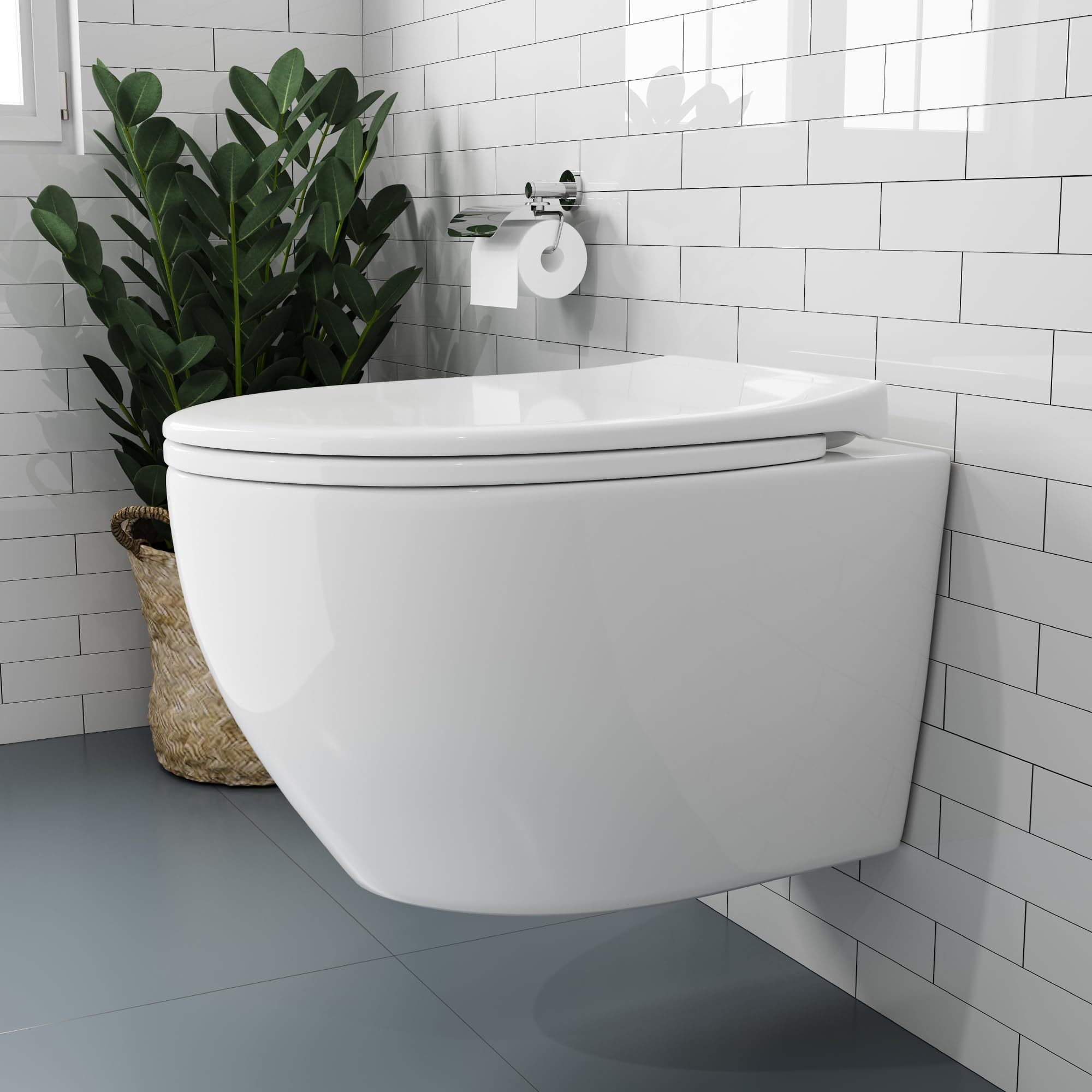 WC sospeso e elemento a parete per WC, set completo, WC con cassetta di risciacquo a incasso, piastra di comando per WC, con chiusura morbida, coperchio in PP, colore bianco con rivestimento