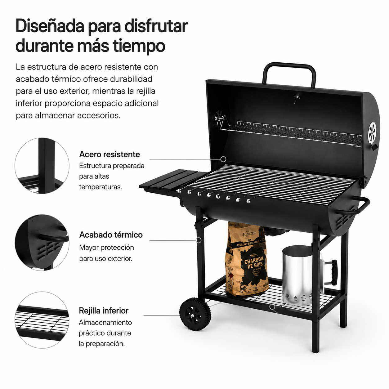 Barbecue au charbon avec couvercle et ventilation réglable pour jardin avec roues - 7