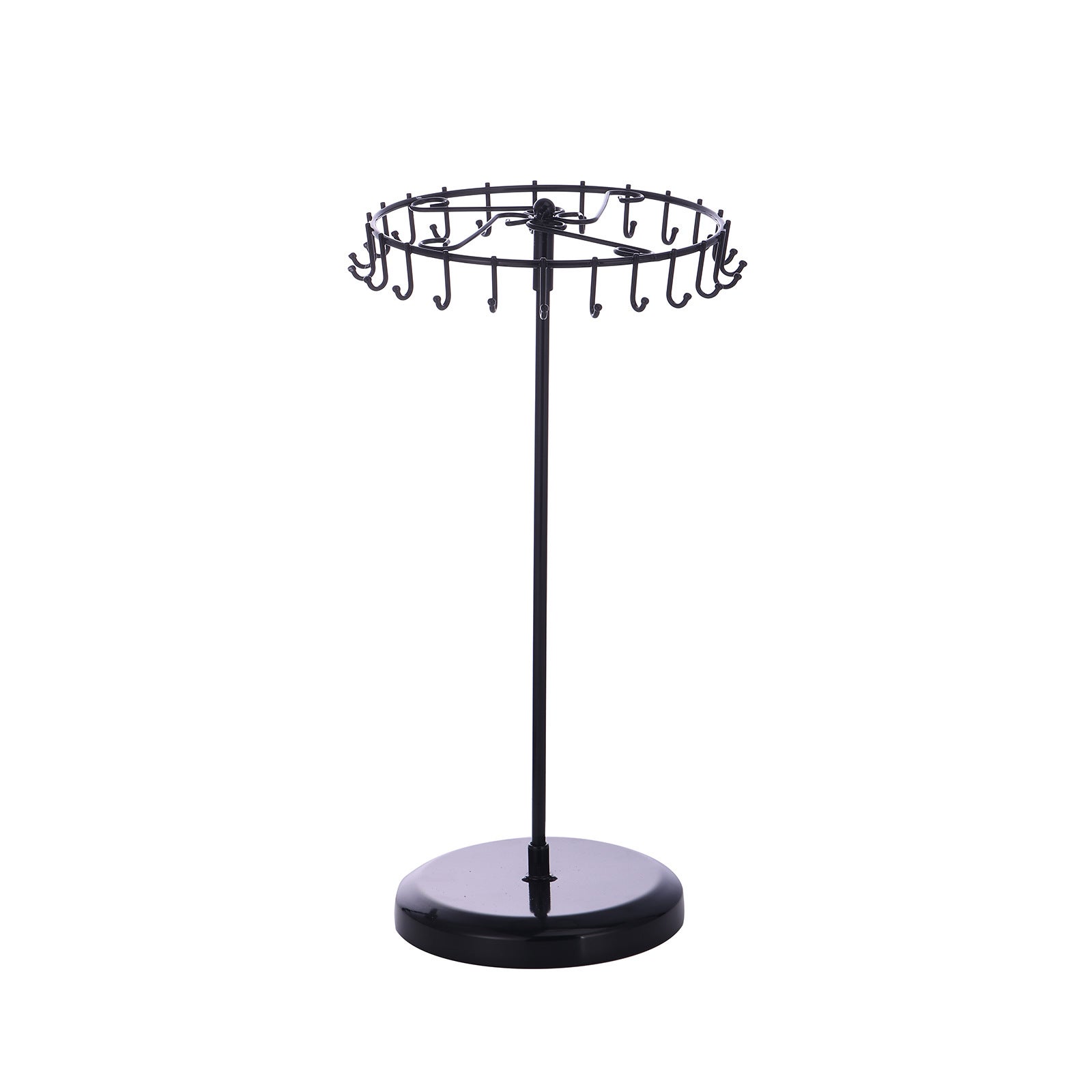 Obrotowy stojak na biżuterię z czarnego metalu, 23 haki, wys. 36 x szer. 21 cm, wieża ekspozycyjna na biżuterię, stojak na naszyjniki
