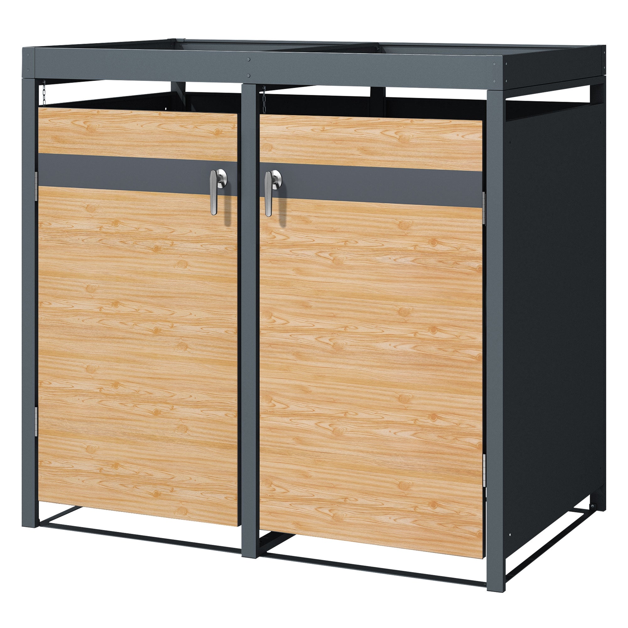 ML-Design pojemnik na śmieci z daszkiem na 2 kosz 240 L 132x80x124 cm stalowy modrzewiowy z drzwiczkami zamykany odporny na warunki atmosferyczne