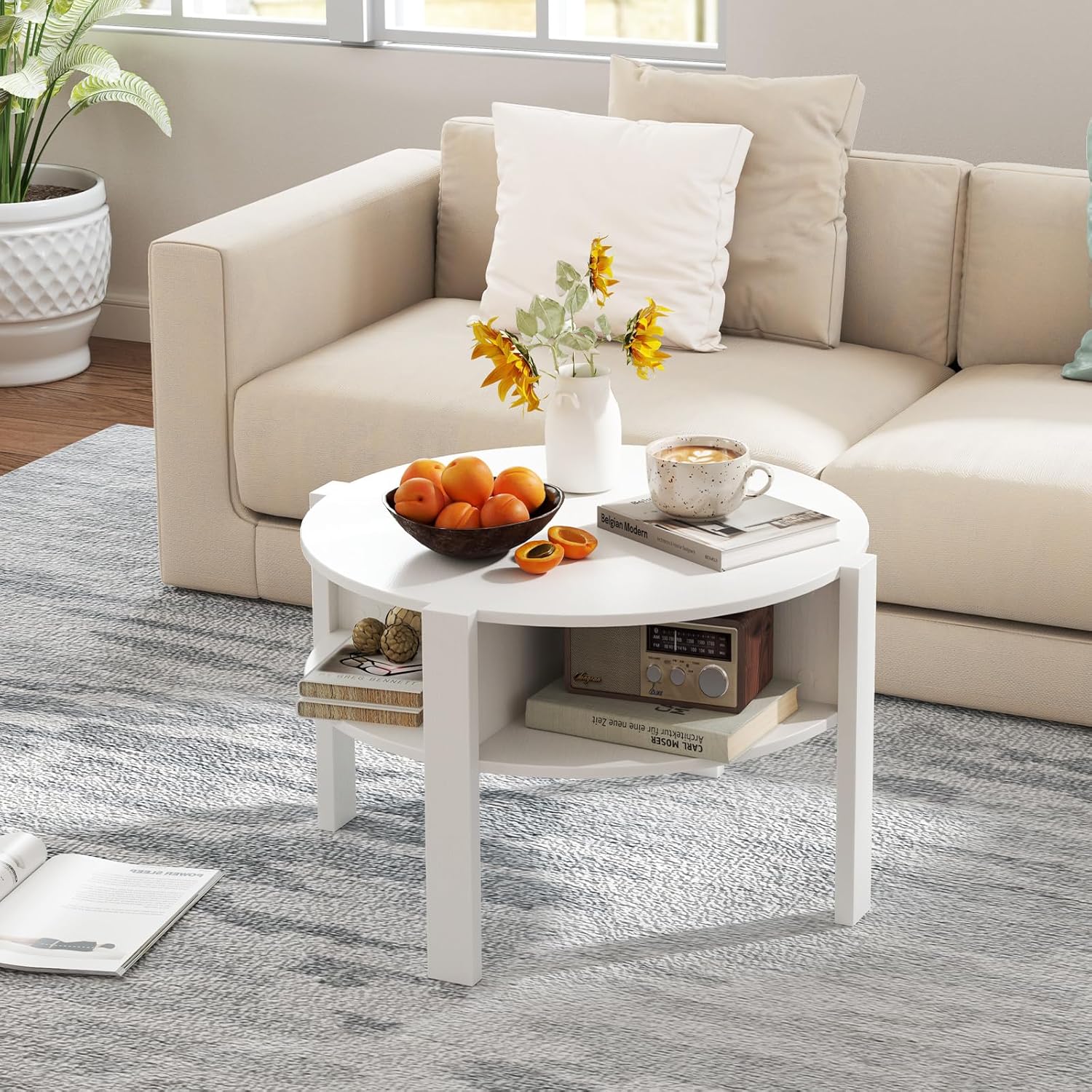 GIANTEX Tavolino ausiliario a 2 livelli, 50 x 50 x 56,5 cm, comodino rotondo con ripiano aperto e telaio in metallo, tavolino da caffè in stile industriale per soggiorno, camera da letto