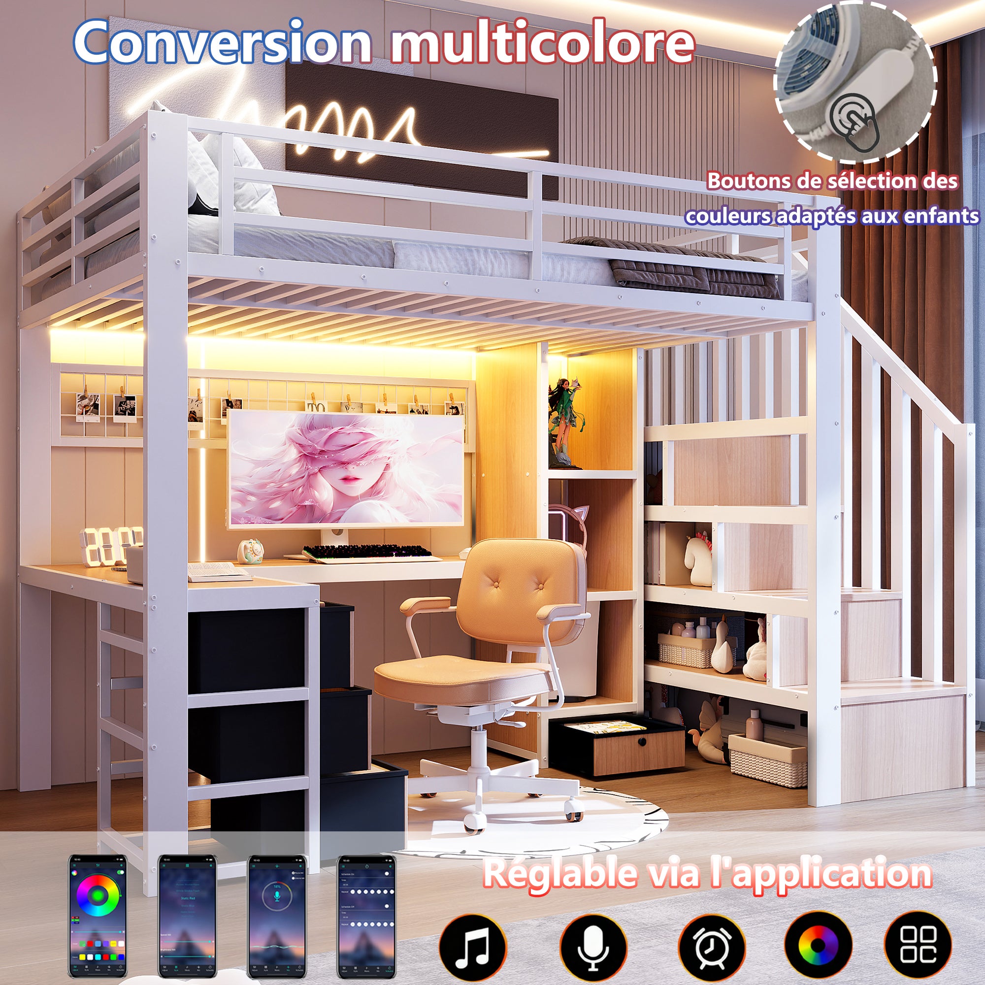 Lit mezzanine 90 x 200 cm avec bureau intégré, Lit simple structure en fer avec penderie LED, 4 tiroirs et escalier de rangement, sans matelas, Blanc - 6