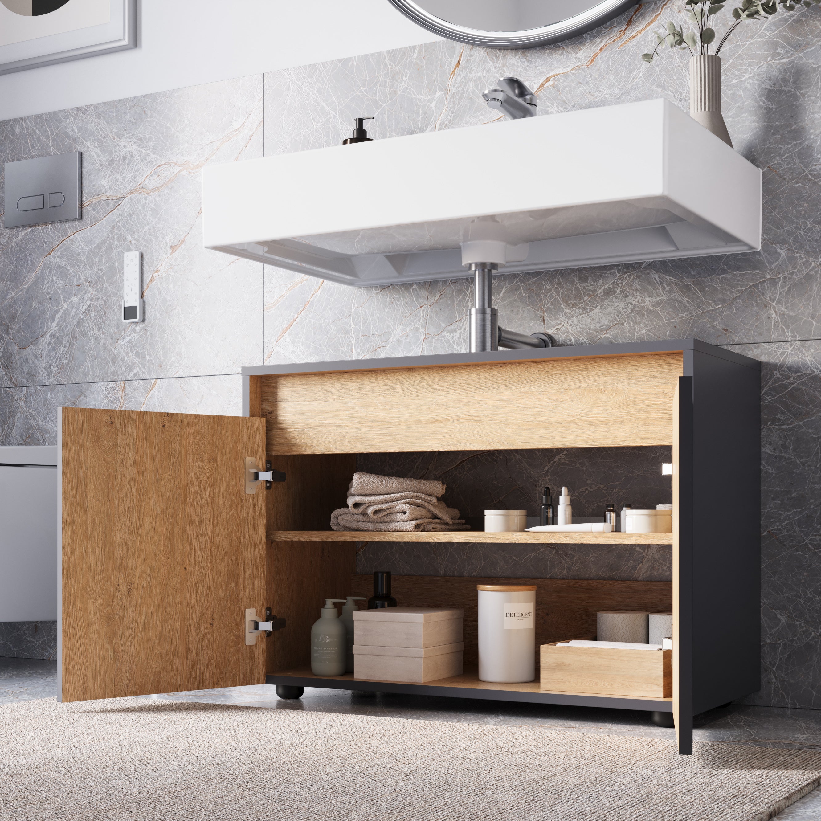 BERNSTEIN - Meuble sous vasque à poser MDF Anthracite mat 80x35x54cm (LxPxH) + 2 portes - BELDIVO - 4