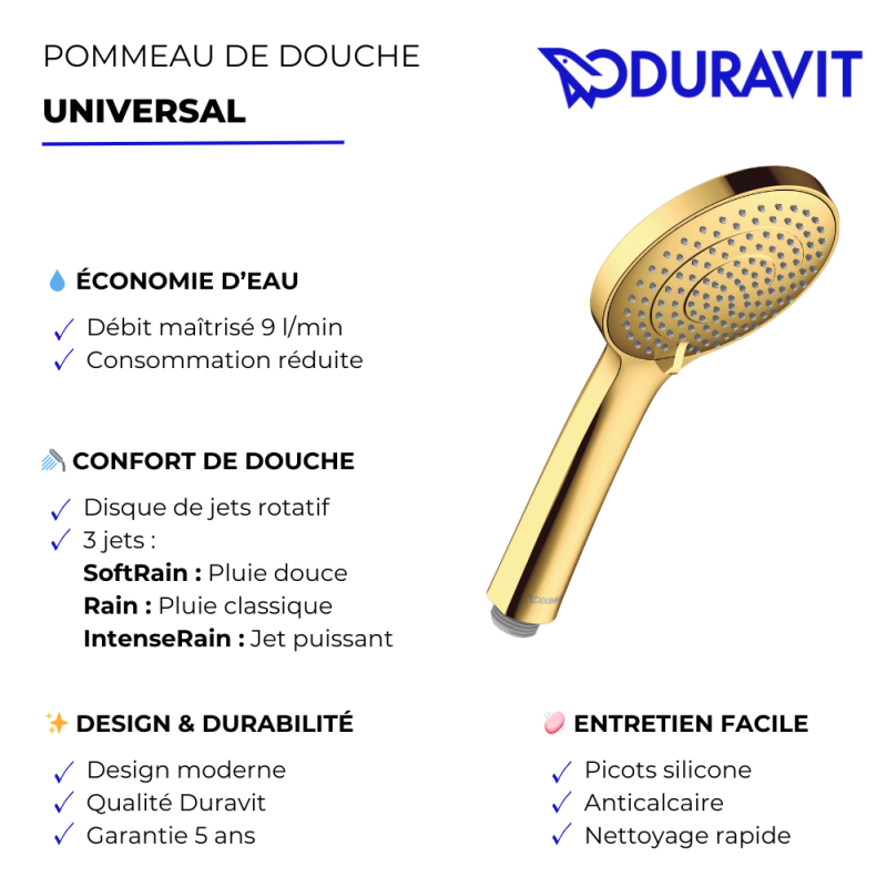 Pommeau de douche 3 jets DURAVIT Universal avec curseur Doré poli - 3