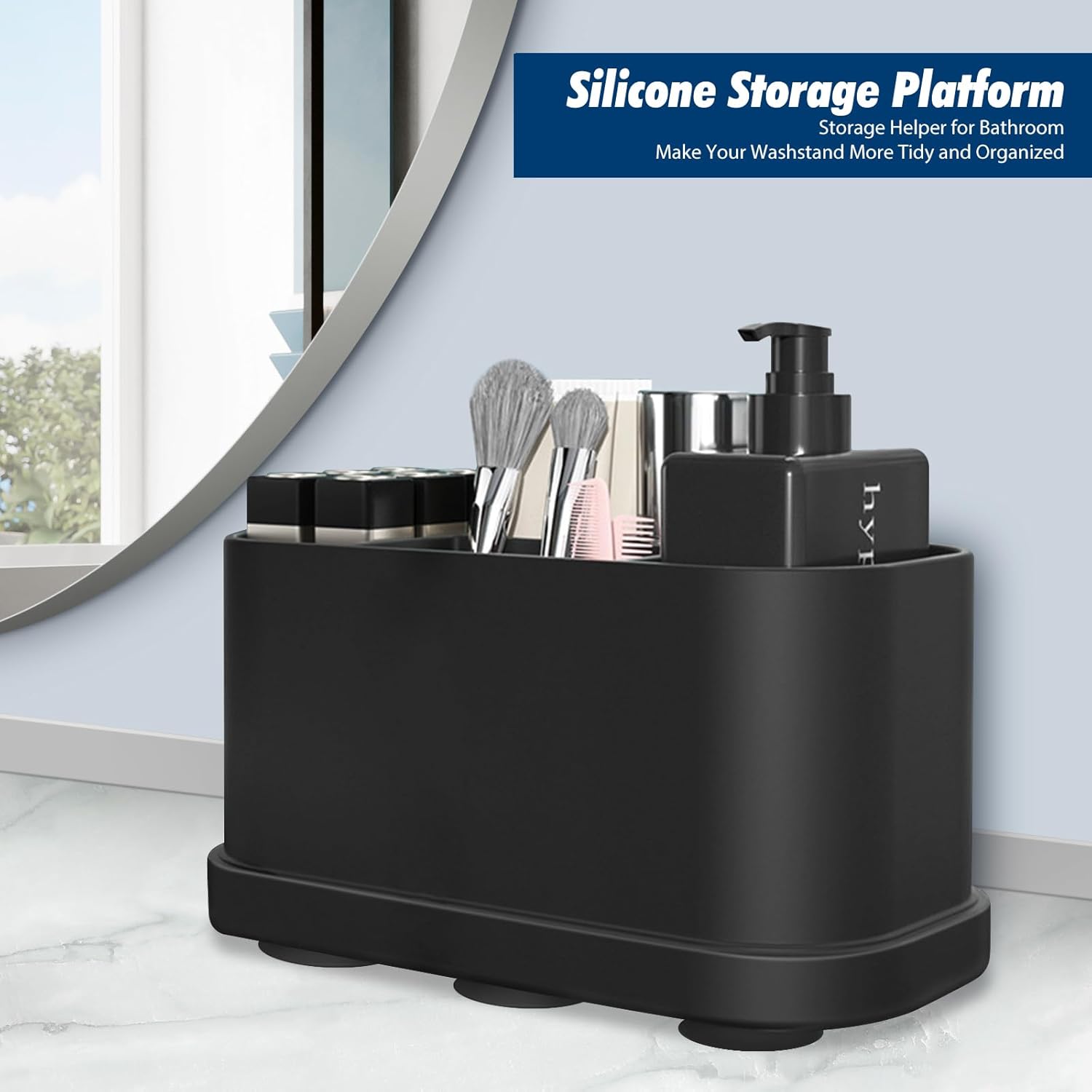 Porta Spazzolini Bagno In Silicone Con Ventosa, 5 Scomparti, Impermeabile, Asciuga E Organizza, Nero, Grande 18x9.6x8.3 Cm