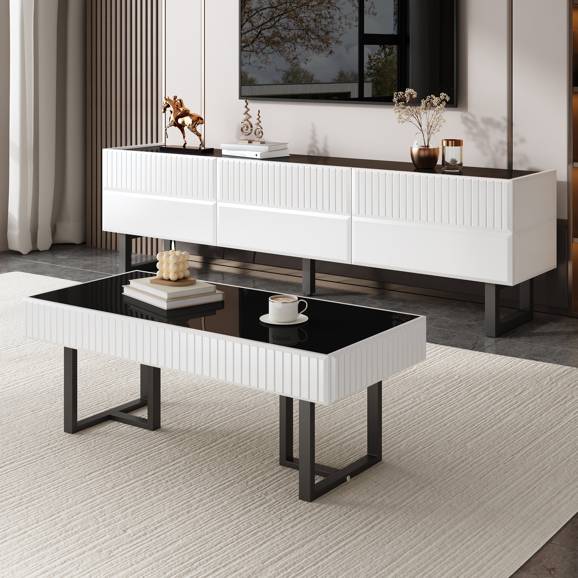 Stolik kawowy prostokątny - 110 x 50,5 x 41 cm - Płyta wiórowa, MDF i metalowe nogi - Biały + Blat w kolorze czarnym błyszczącym - 6