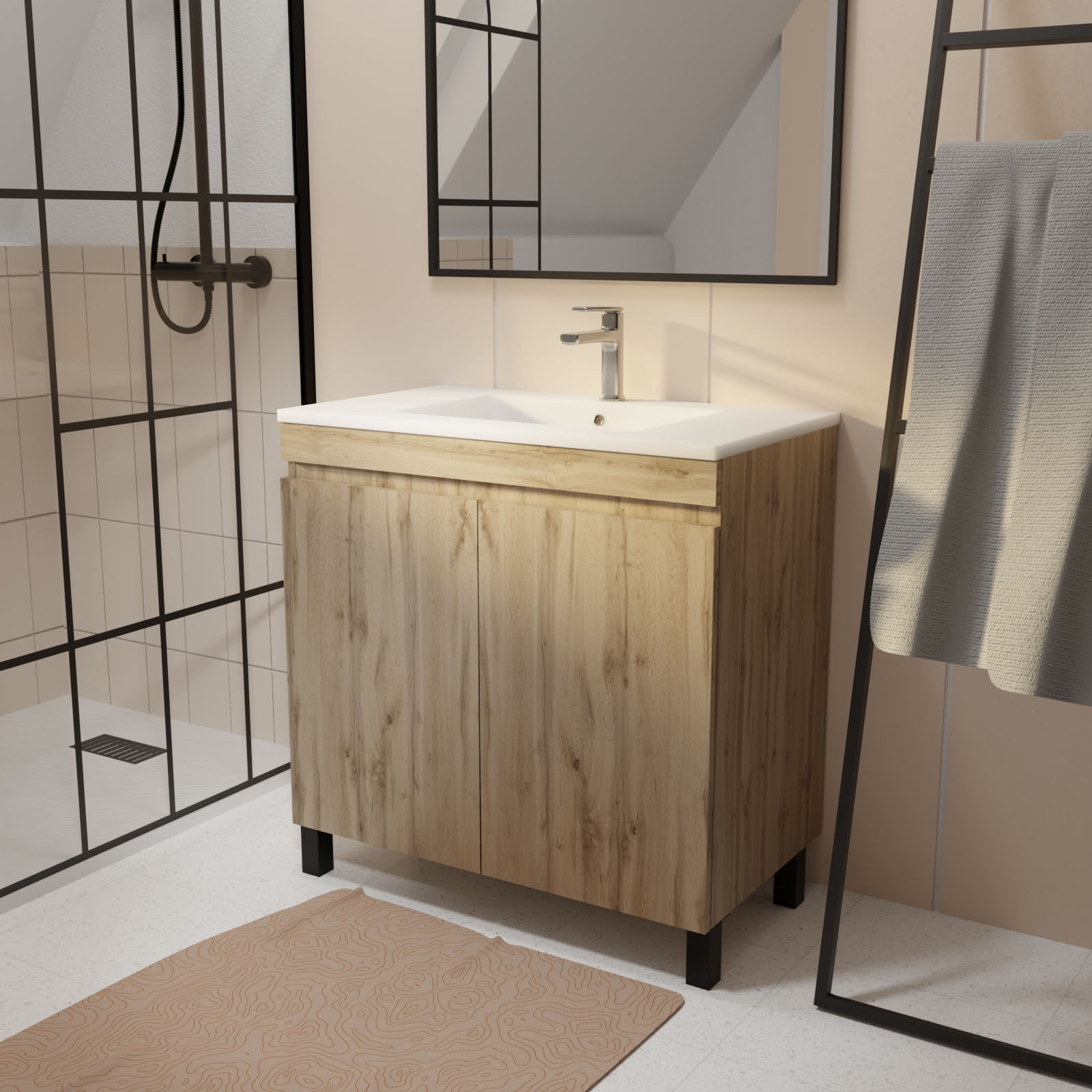 Meuble de salle de bains 80cm 2 Portes_Chêne Naturel + Vasque céramique blanche - TIMBER 80 - 7