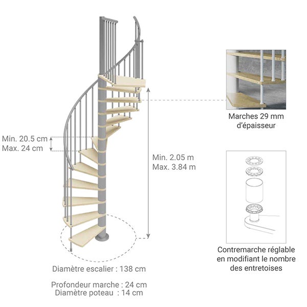 Escalier colimaçon 10 marches - Hauteur à franchir 2.05 à 2.40m - Diamètre 138cm - Bois et blanc - Sens horaire - HOOP138/BB-H-10 - 2