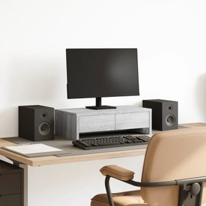 Supporto Per Monitor In Legno 50x20x7.7 Cm, Rialzo Per PC, Laptop, TV E Stampante, Organizza La Scrivania Con Stile, Colori Bianco Violaceo E Legno, Riduce Affaticamento
