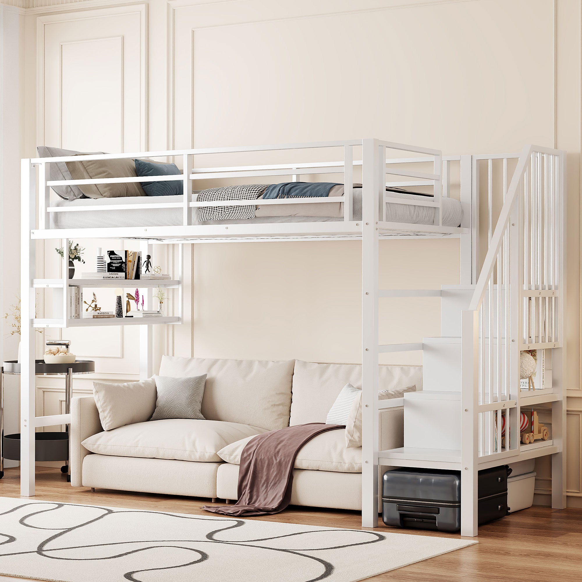 Letto A Soppalco 2 Posti 140x200 Cm Per Bambini E Ragazzi - Con Scivolo, Armadio, Scaffali E Scrivania Integrata - Struttura In MDF E Metallo Bianco/Nero - 6