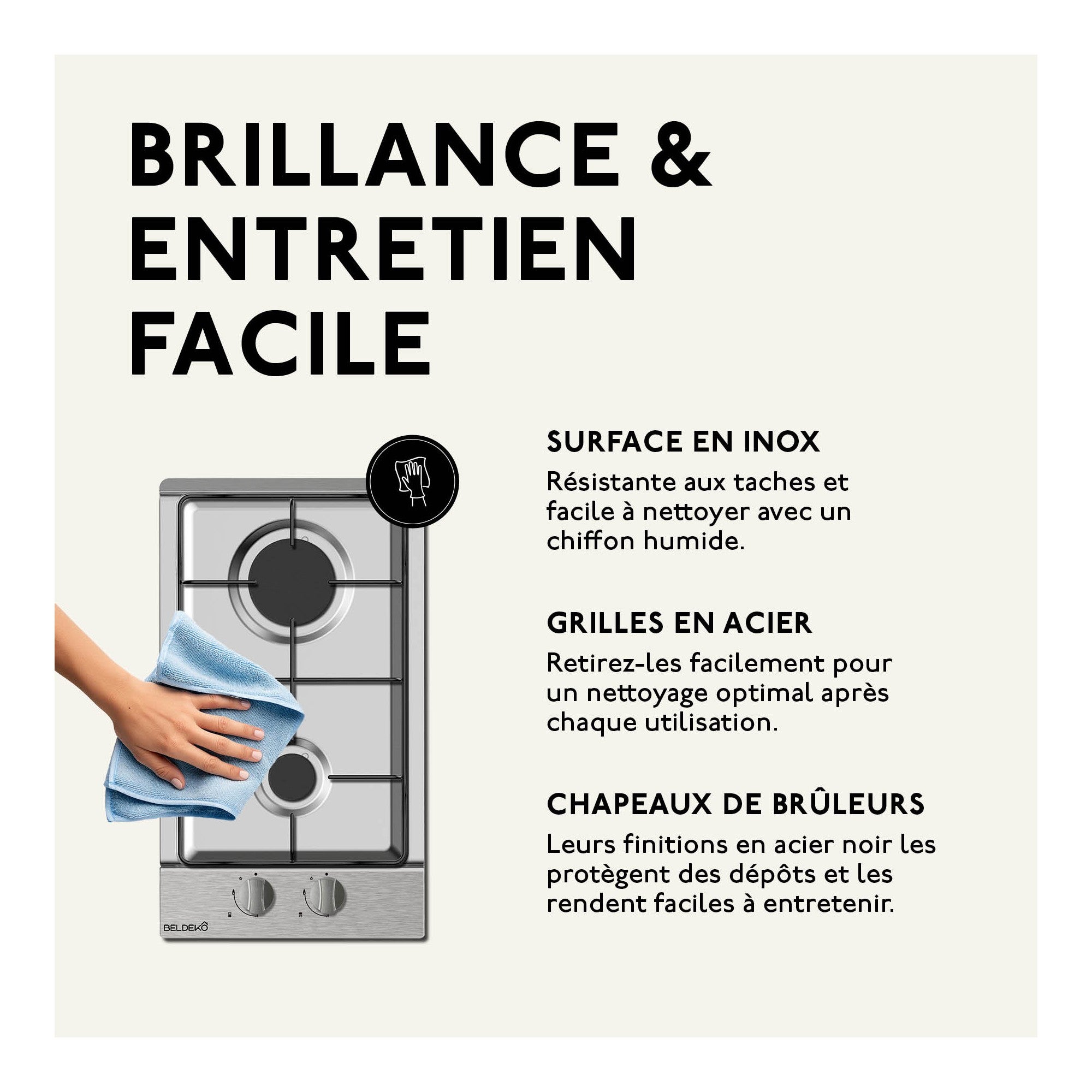 BELDEKO Plaque Gaz 2 Feux Domino 30 cm 4000W Inox - Marque Française - 5