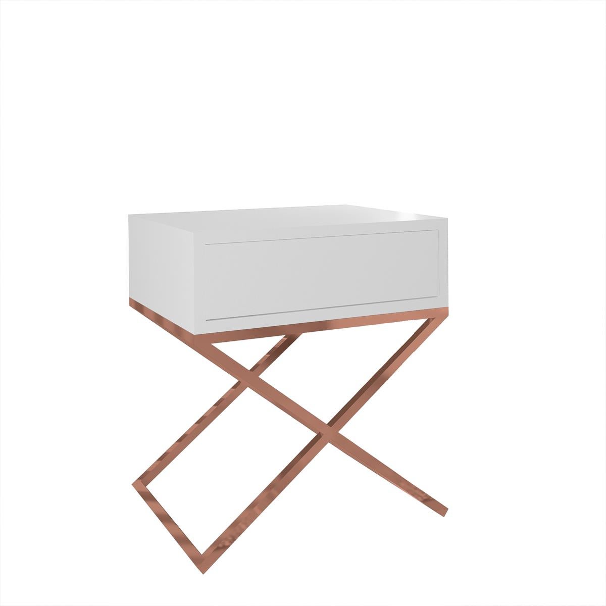 Designerska szafka nocna XARA – Biała z miedzianym stelażem X, stolik nocny loft 45 cm
