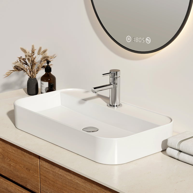 EMKE Umywalka ceramiczna 70x40x11 cm, Prostokątna Umywalka nablatowa z nawierconym otworem na baterię, brylantowa biel