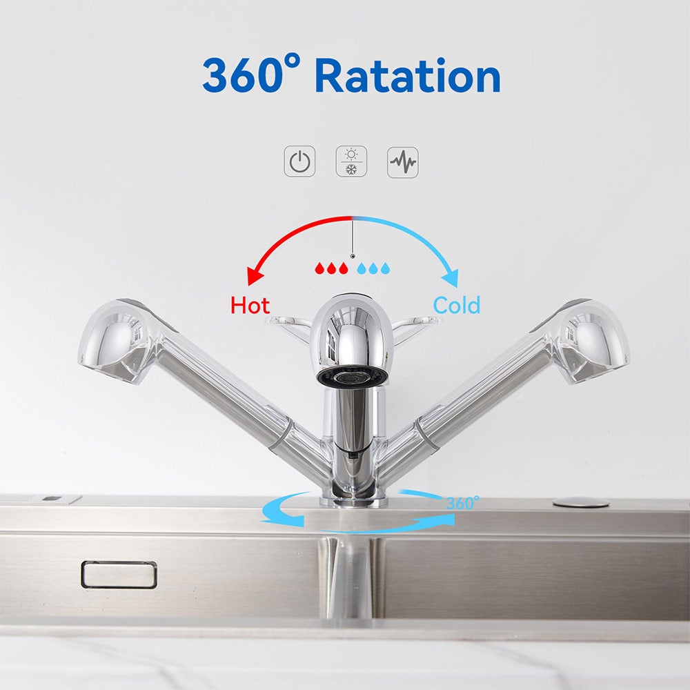 Rubinetto cucina doccetta estraibile,Miscelatore cucina in acciaio inossidabile con doccetta 2 modalità Jet, becco basso, PivoTanto 360°,cromata - 3
