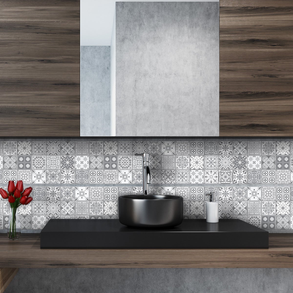 6 stickers adhésifs frises carrelages | Autocollant Frises Mosaïque Carreaux de ciment - NUANCE DE GRIS LIA - 6 frises de 20 x 120 cm - 3