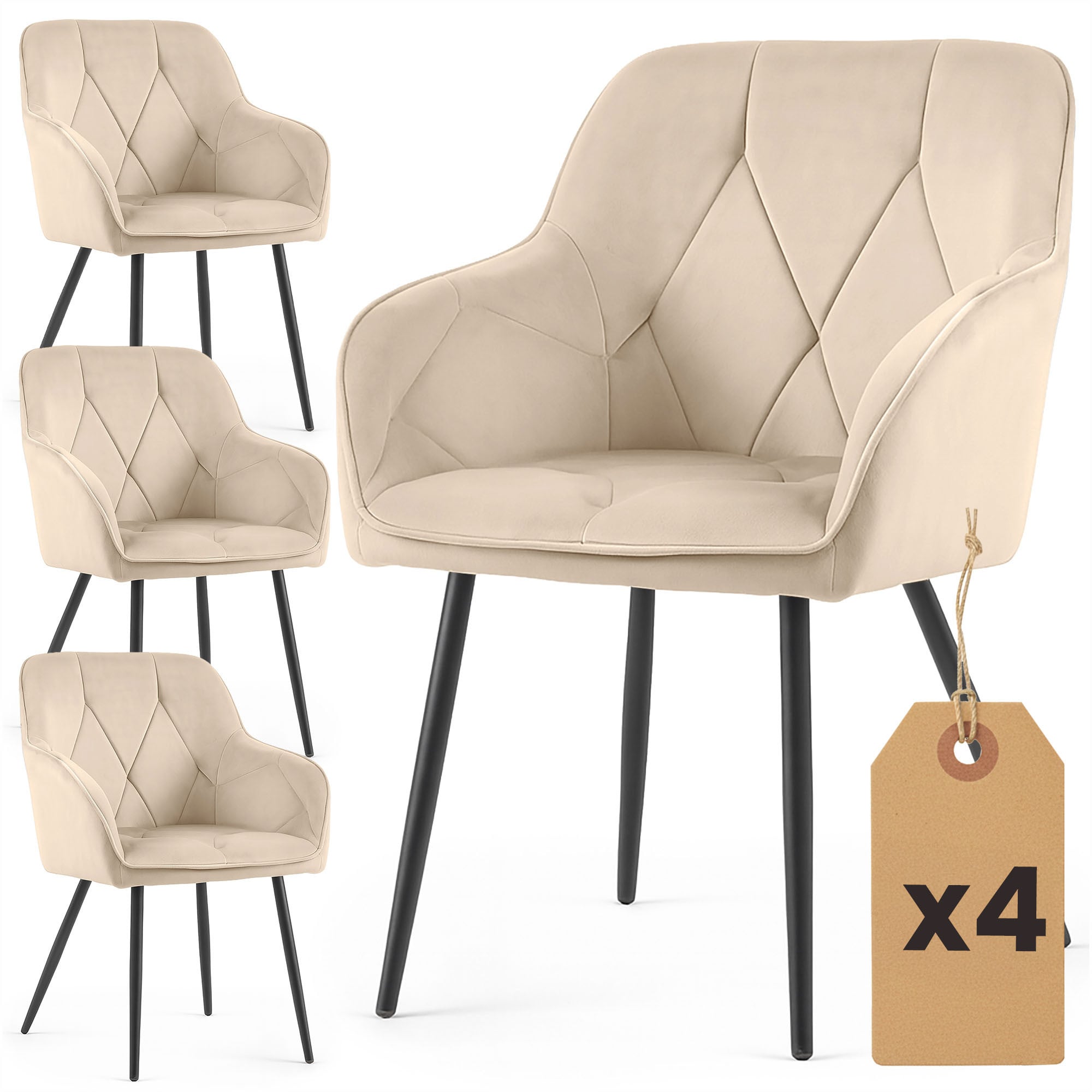 4x Welurowe krzesło tapicerowane pikowane Beżowe DIAMANTE Czarne nogi