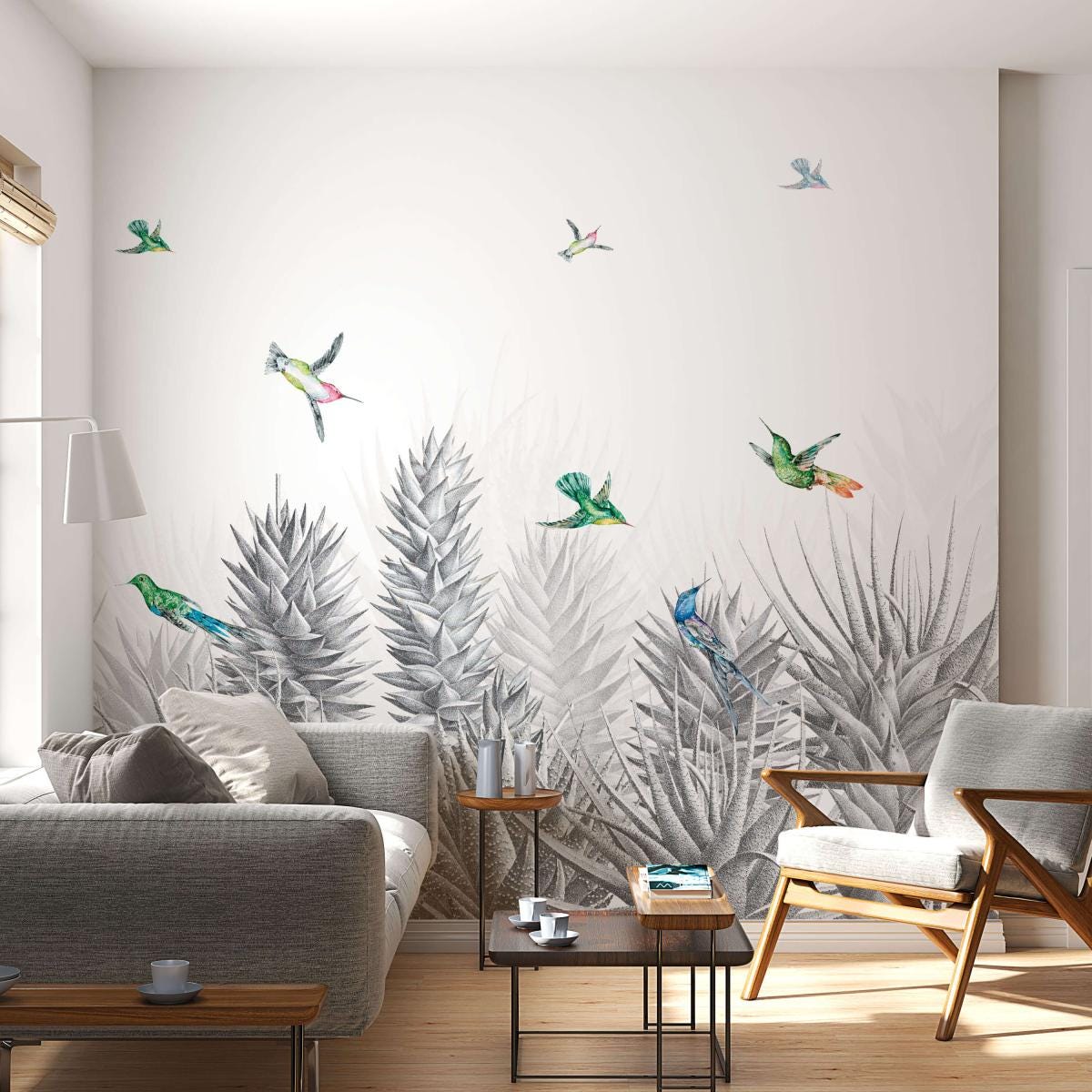 Papier peint panoramique avec oiseaux colorés et plantes - 170x260 cm ...
