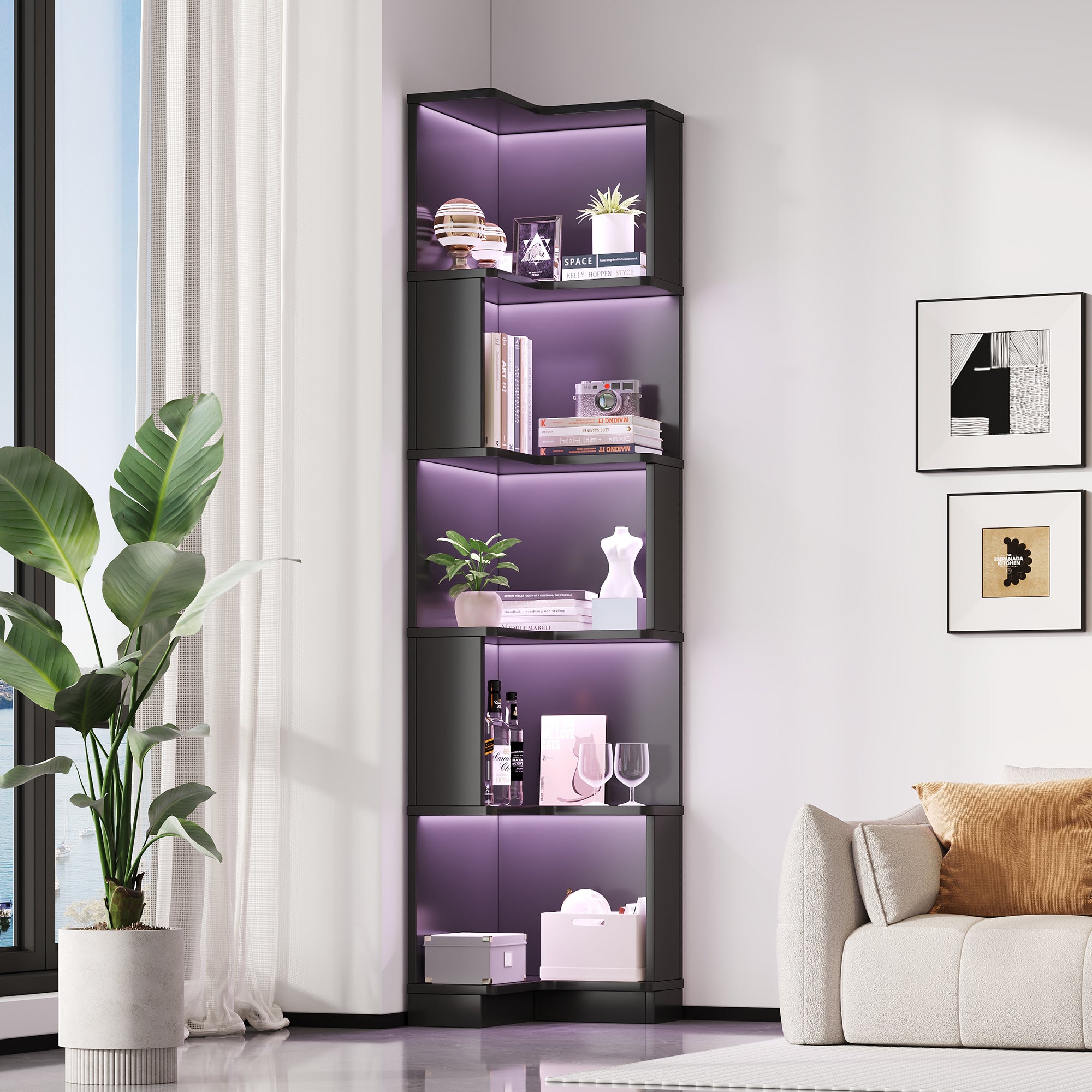 Libreria angolare con 5 ripiani - 63,5 x 45 x 175 cm - MDF - LED cambia colore - Nero - 3